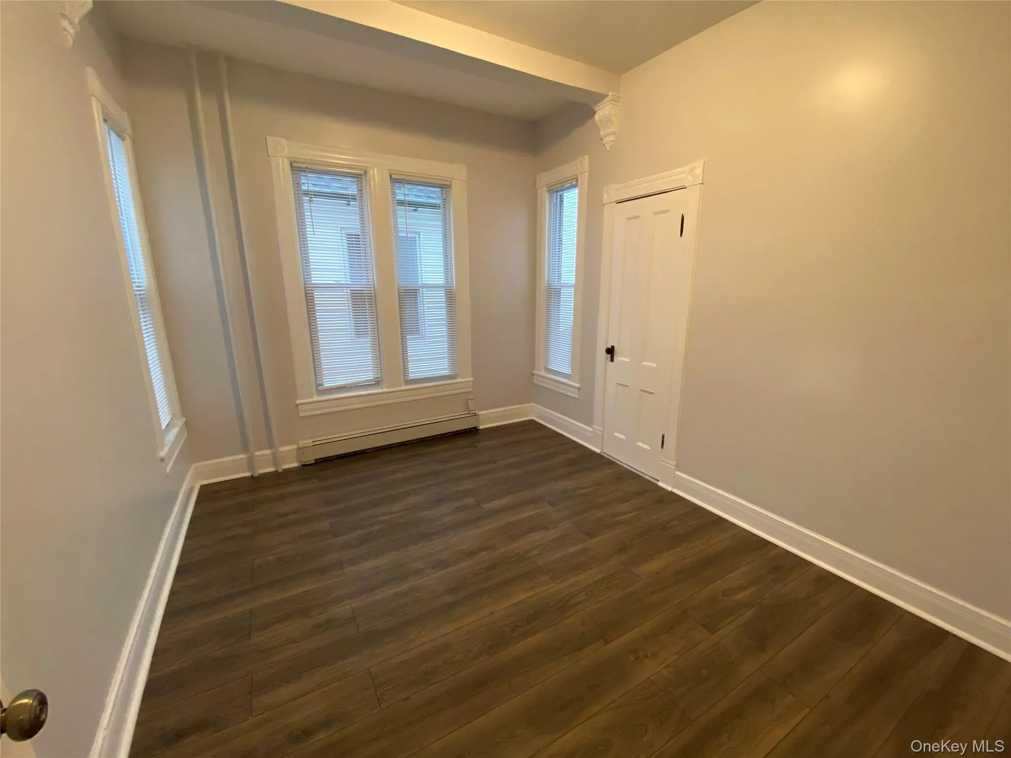 Empty room featuring dark wood finished floors and a baseboard heating unit Empty room featuring dark wood finished floors and a baseboard heating unit