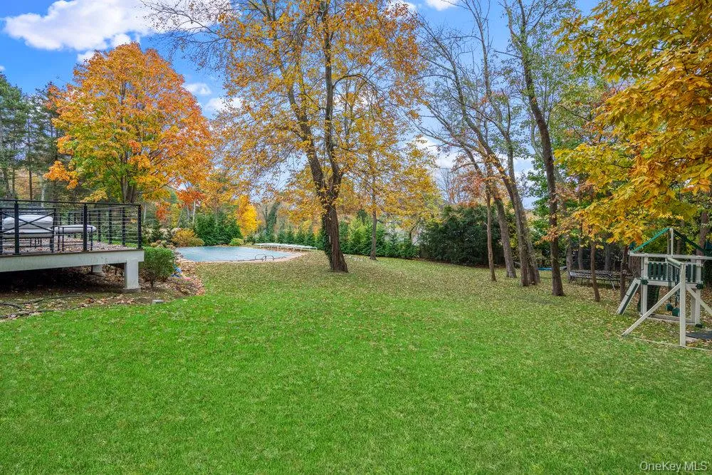 View of grassy yard featuring a playground, view of wooded area, and a deck View of grassy yard featuring a playground, view of wooded area, and a deck