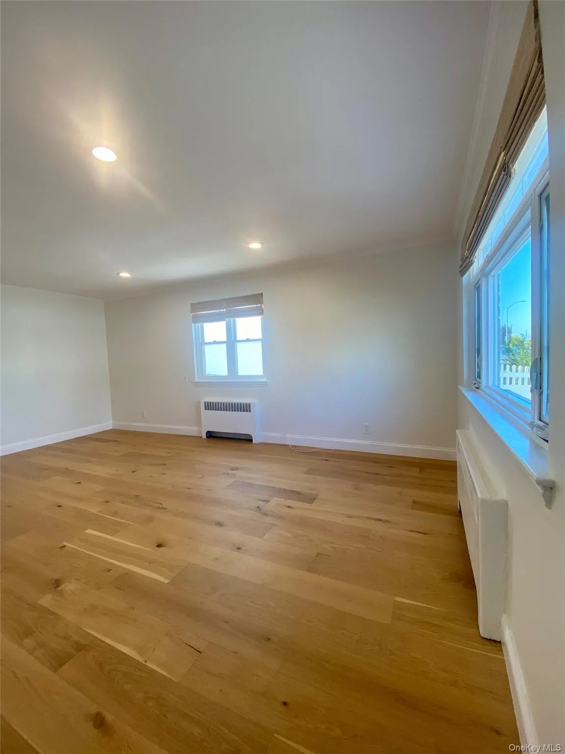 Spare room with radiator, light wood-type flooring, recessed lighting, and ornamental molding Spare room with radiator, light wood-type flooring, recessed lighting, and ornamental molding