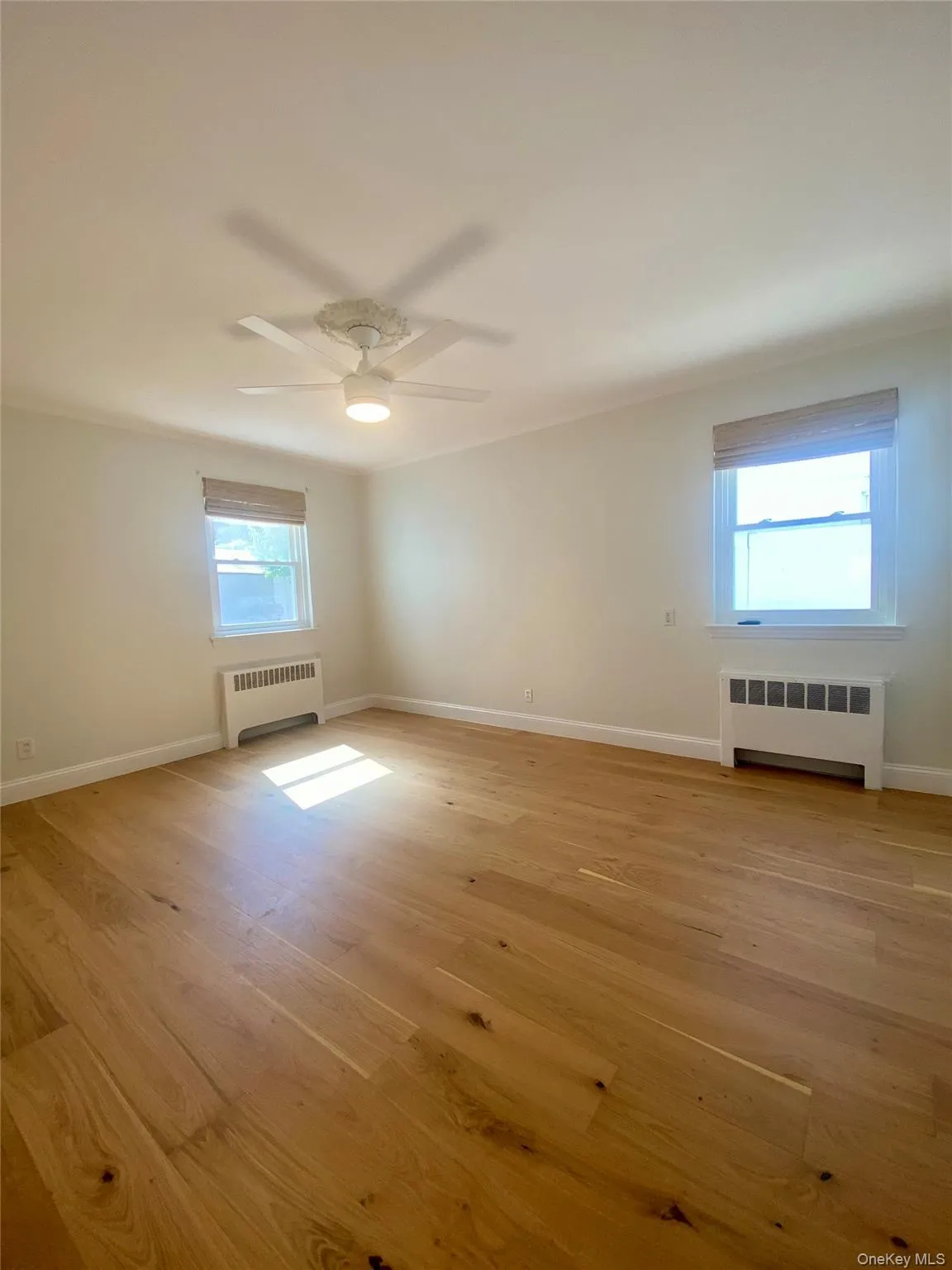 Spare room featuring radiator, light wood-type flooring, healthy amount of natural light, and ornamental molding Spare room featuring radiator, light wood-type flooring, healthy amount of natural light, and ornamental molding