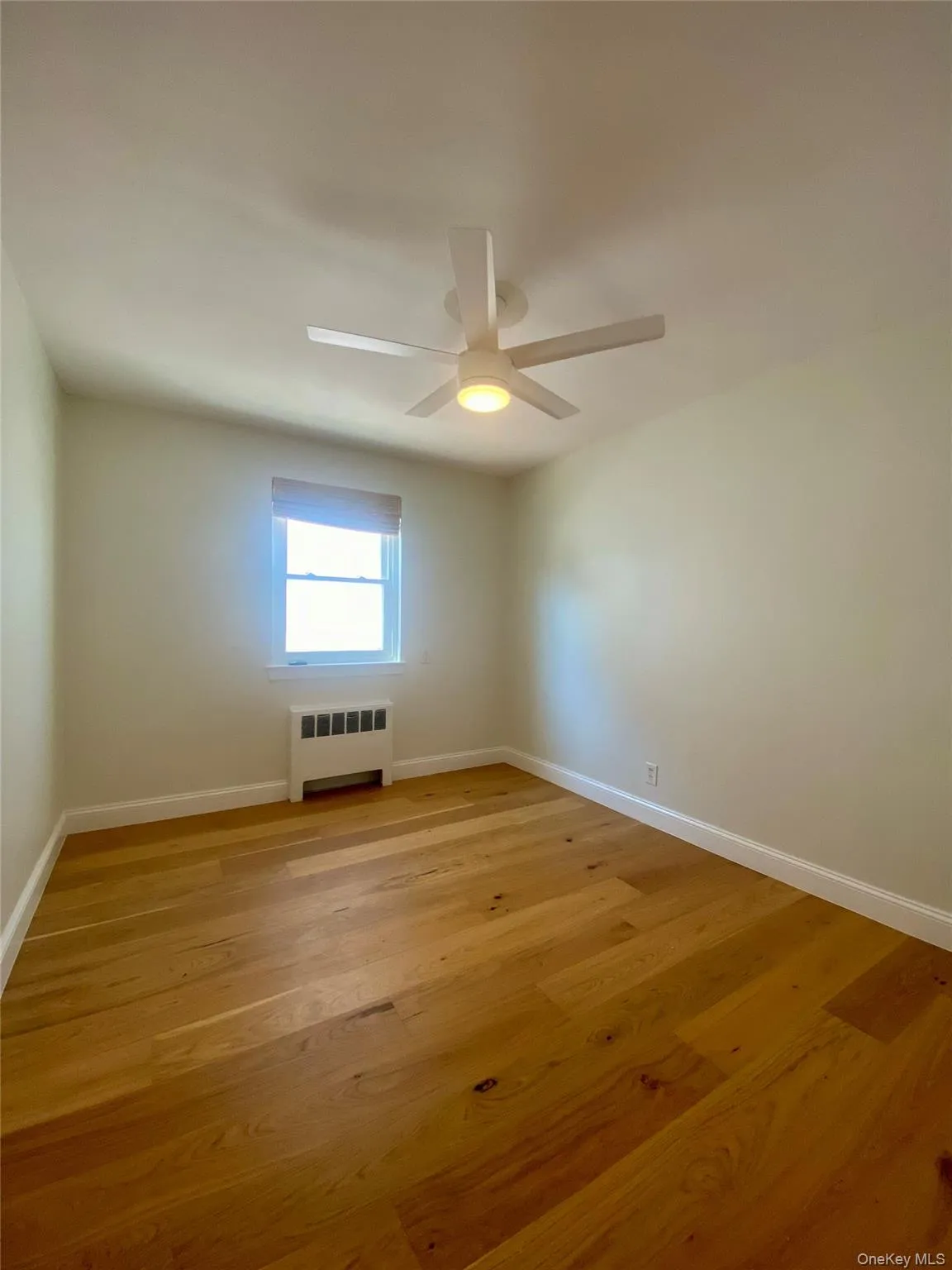 Empty room with radiator heating unit and light wood-style floors Empty room with radiator heating unit and light wood-style floors