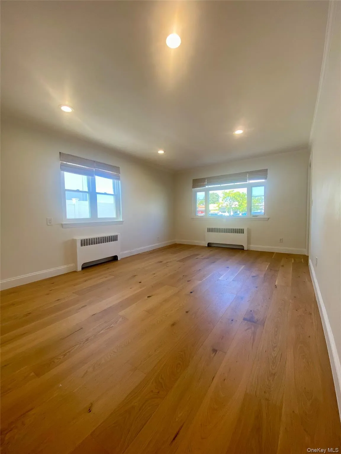 Empty room featuring radiator heating unit, light wood-style floors, plenty of natural light, recessed lighting, and crown molding Empty room featuring radiator heating unit, light wood-style floors, plenty of natural light, recessed lighting, and crown molding