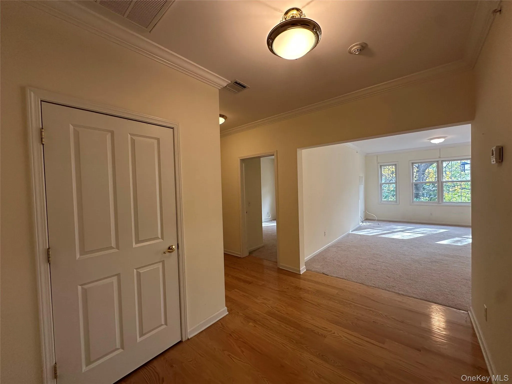 Hall with ornamental molding and light wood-type flooring Hall with ornamental molding and light wood-type flooring