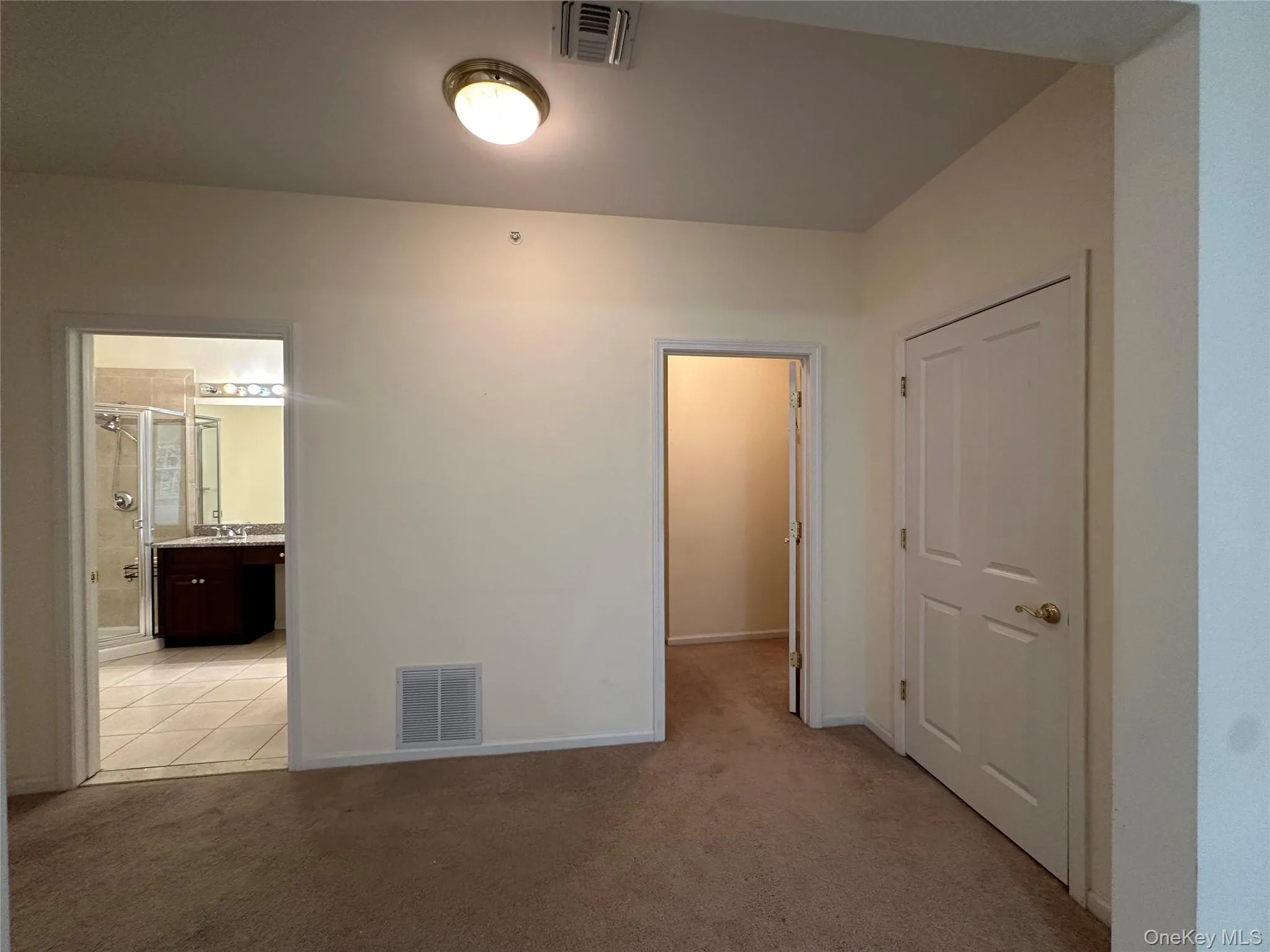 Unfurnished bedroom featuring light carpet, a spacious closet, and ensuite bathroom Unfurnished bedroom featuring light carpet, a spacious closet, and ensuite bathroom