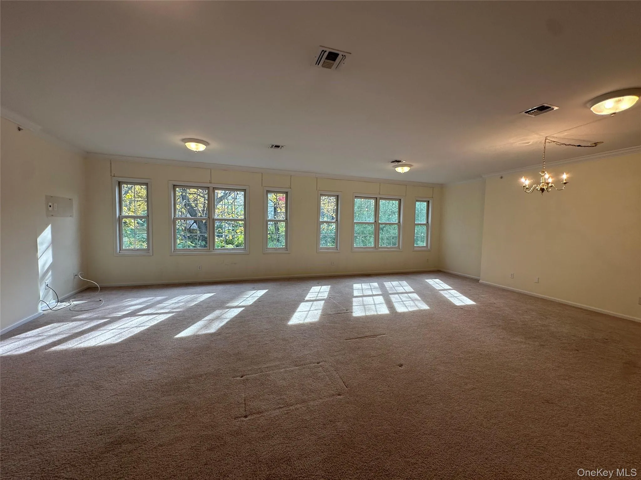 Unfurnished room with ornamental molding, carpet, and a chandelier Unfurnished room with ornamental molding, carpet, and a chandelier