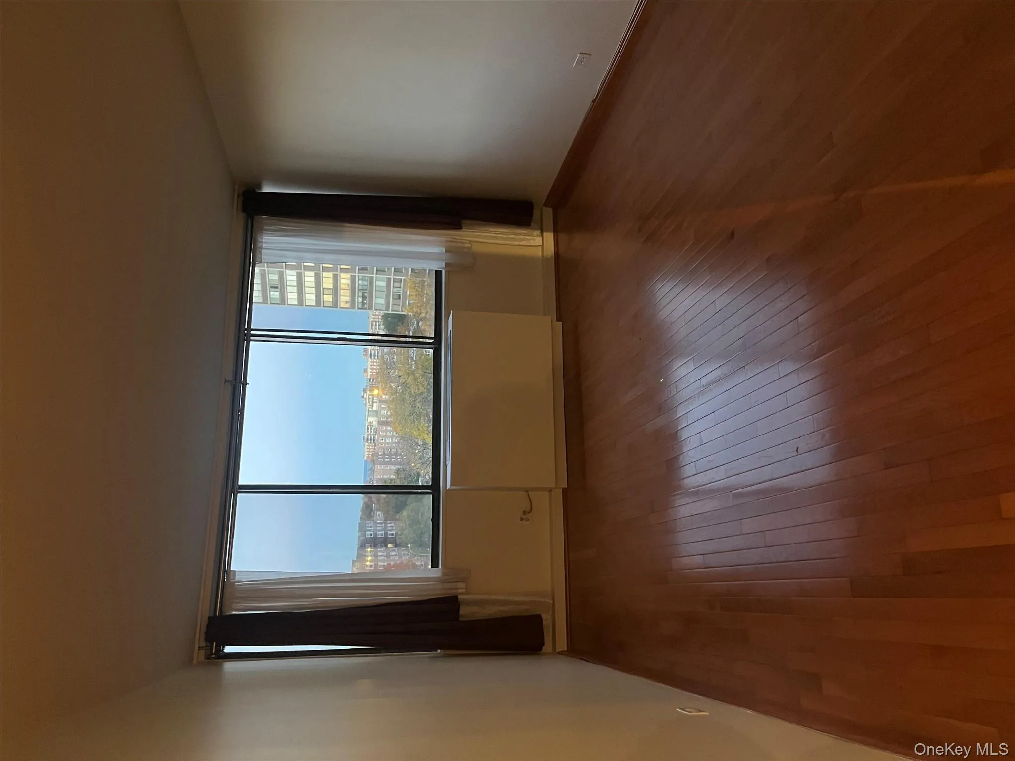 Unfurnished room featuring dark wood-type flooring and a city view Unfurnished room featuring dark wood-type flooring and a city view