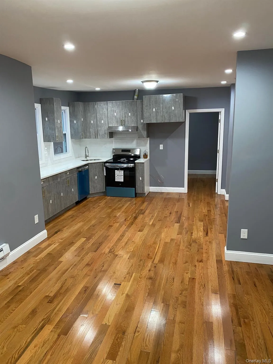 Kitchen with stainless steel range with electric cooktop, light wood finished floors, dishwasher, modern cabinets, and under cabinet range hood Kitchen with stainless steel range with electric cooktop, light wood finished floors, dishwasher, modern cabinets, and under cabinet range hood