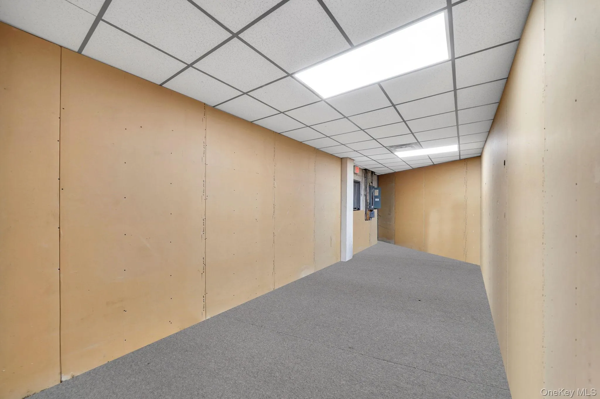 Finished below grade area featuring carpet floors and a paneled ceiling Finished below grade area featuring carpet floors and a paneled ceiling