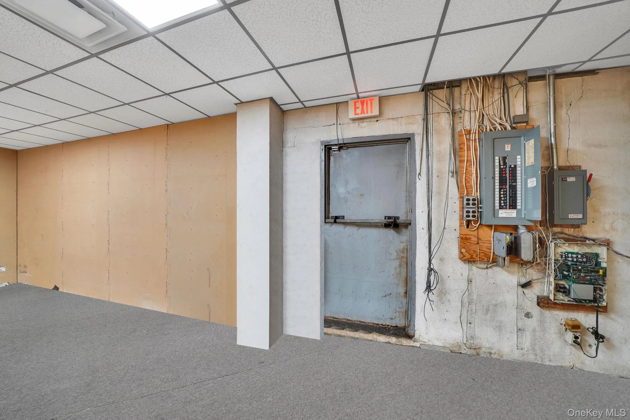 Basement featuring a paneled ceiling, electric panel, and carpet Basement featuring a paneled ceiling, electric panel, and carpet