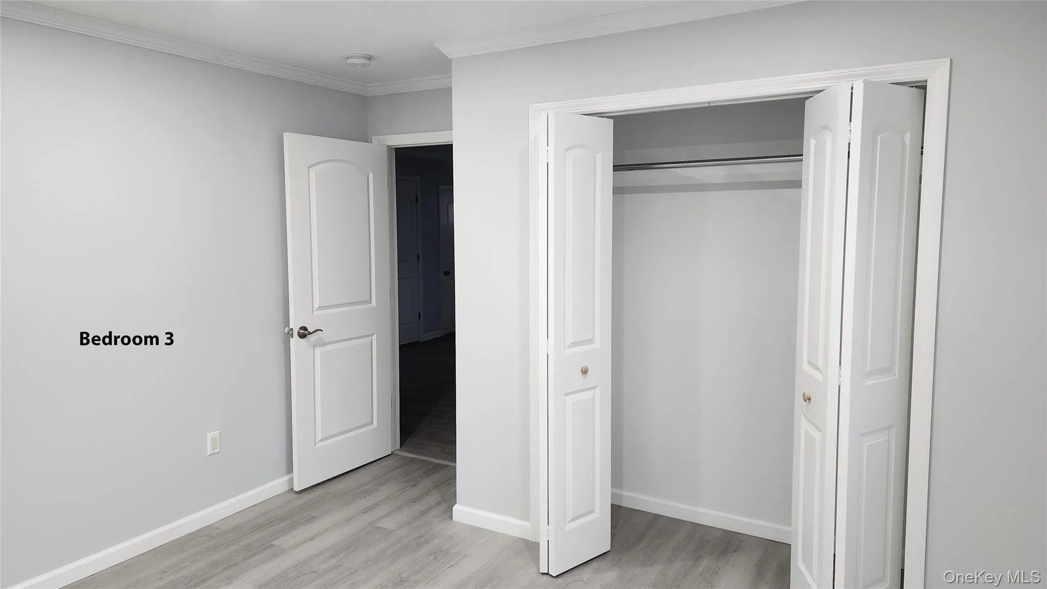 Unfurnished bedroom featuring light wood-style floors, ornamental molding, and a closet Unfurnished bedroom featuring light wood-style floors, ornamental molding, and a closet