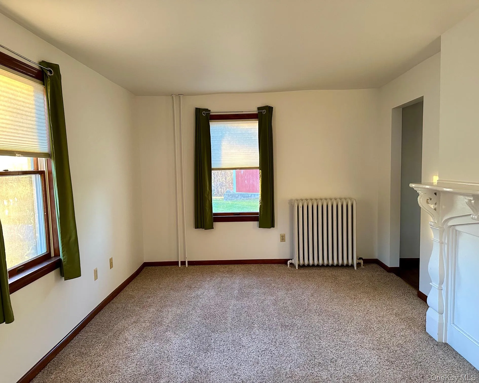 Carpeted spare room featuring radiator and baseboards Carpeted spare room featuring radiator and baseboards