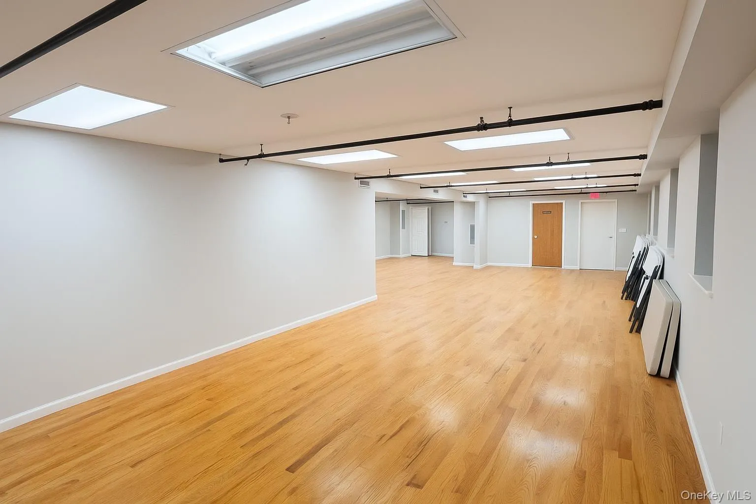 Unfurnished room featuring light wood-style flooring and a skylight Unfurnished room featuring light wood-style flooring and a skylight