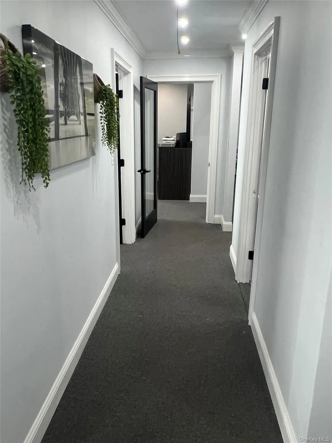 Corridor featuring dark colored carpet and crown molding Corridor featuring dark colored carpet and crown molding