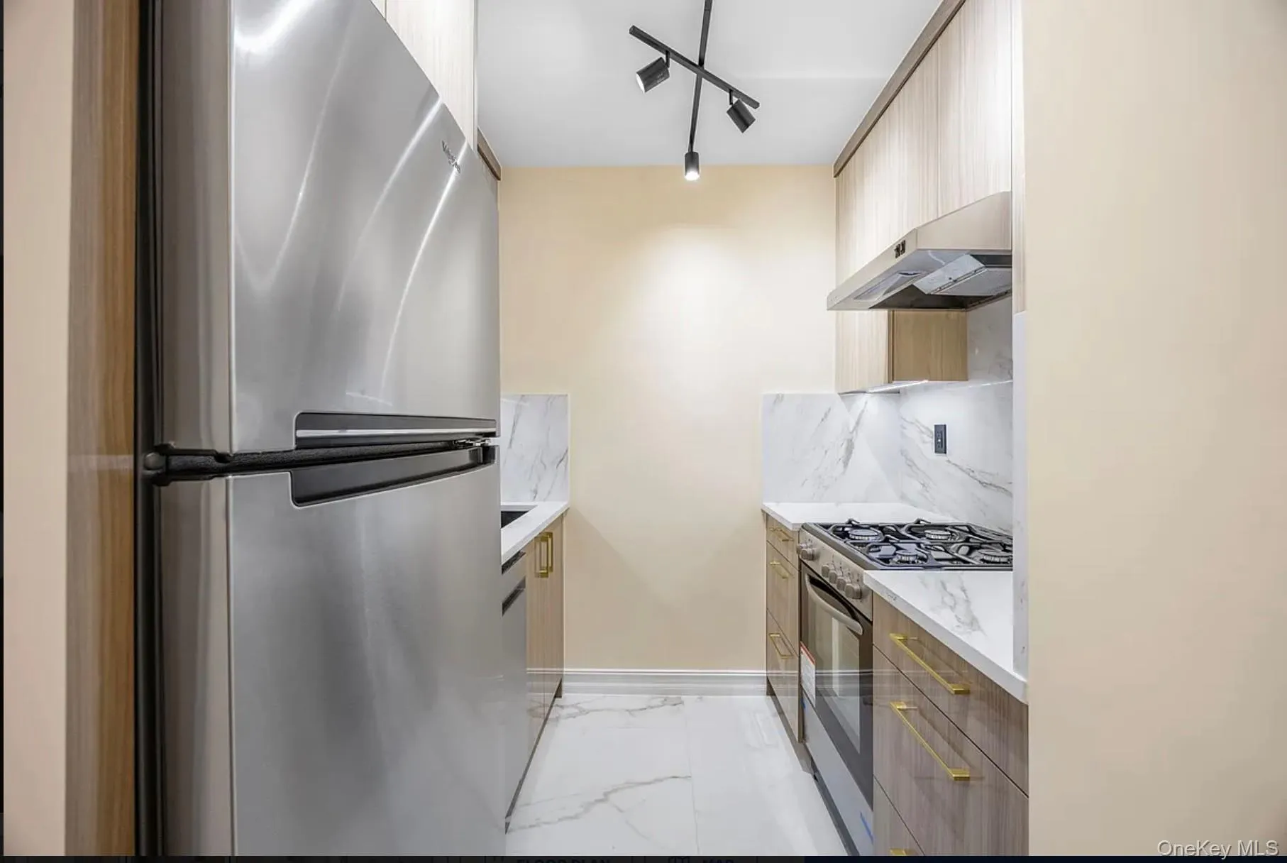 Kitchen featuring appliances with stainless steel finishes, modern cabinets, under cabinet range hood, and light marble finish floors Kitchen featuring appliances with stainless steel finishes, modern cabinets, under cabinet range hood, and light marble finish floors