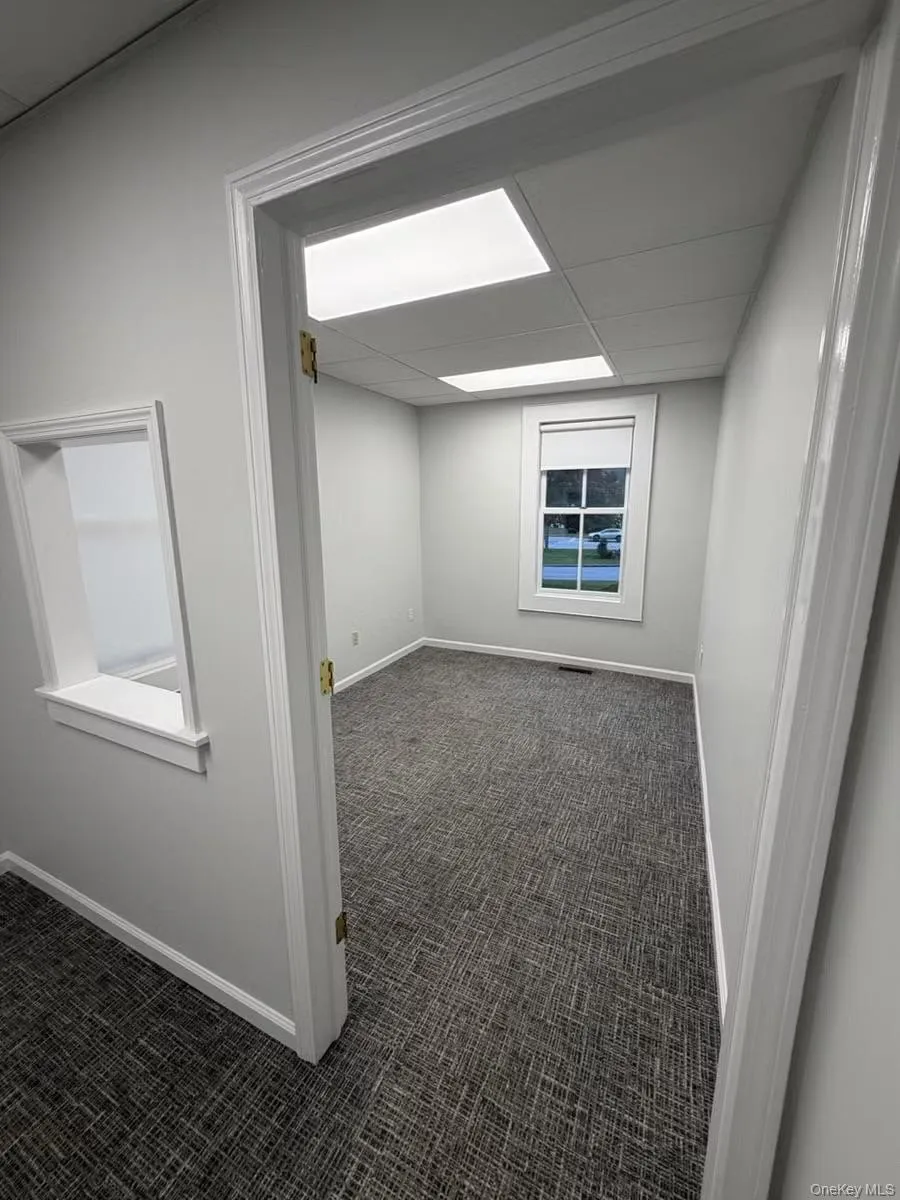Spare room featuring dark colored carpet and a drop ceiling Spare room featuring dark colored carpet and a drop ceiling