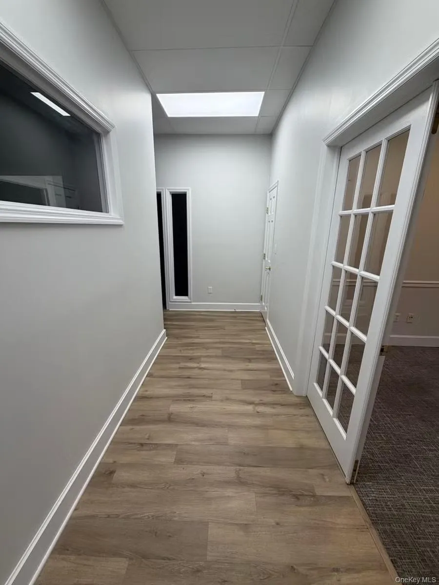 Hall with light wood-style flooring and a drop ceiling Hall with light wood-style flooring and a drop ceiling