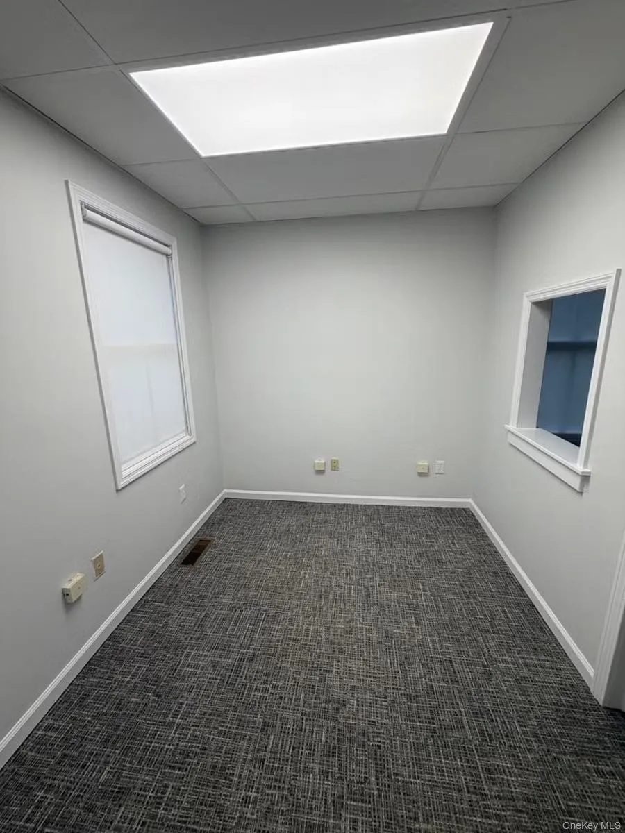 Empty room with dark colored carpet and a drop ceiling Empty room with dark colored carpet and a drop ceiling