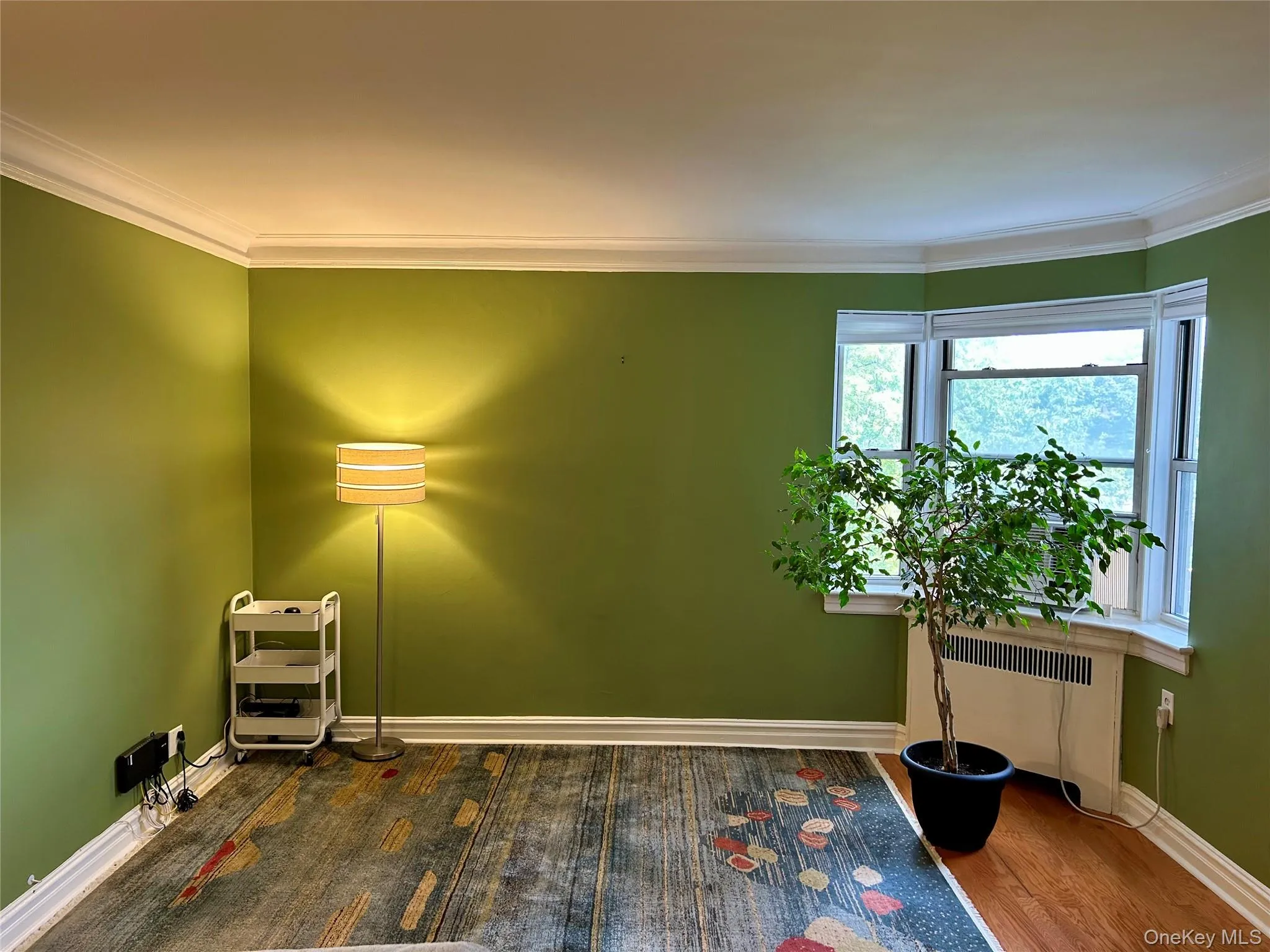 Flex room with window air unit that could be dining room, home office, flex room featuring crown molding, radiator heating unit, and wood finished floors Flex room with window air unit that could be dining room, home office, flex room featuring crown molding, radiator heating unit, and wood finished floors