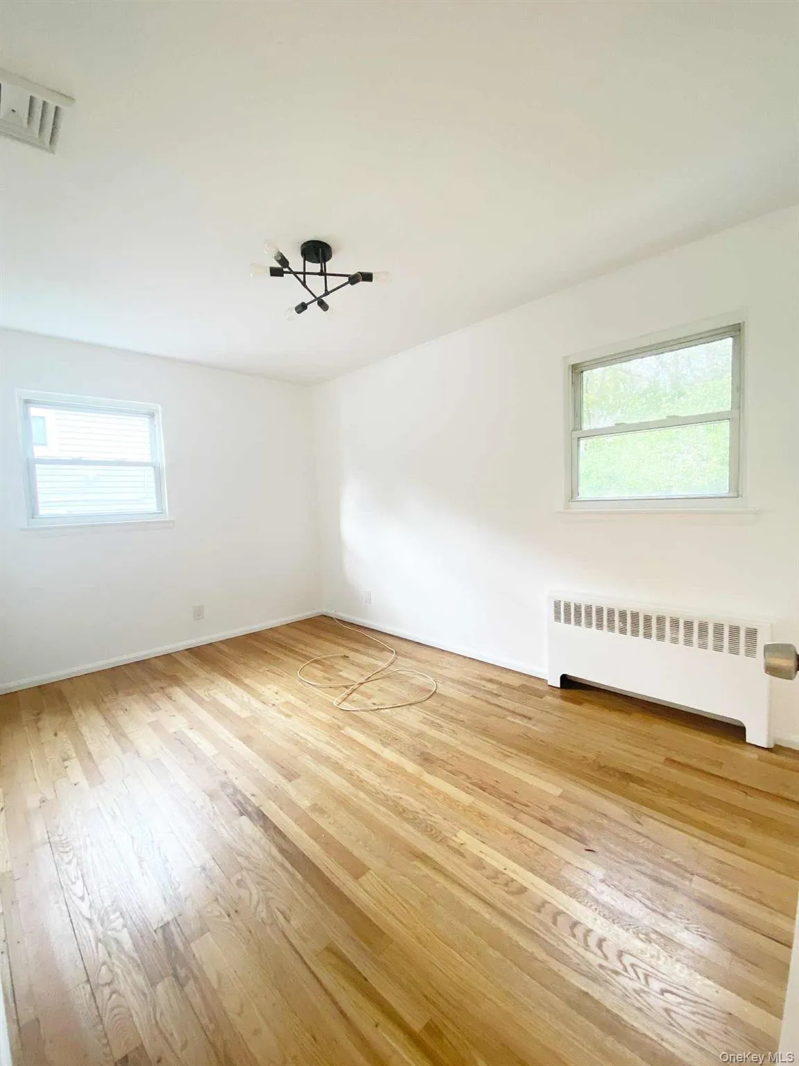 Unfurnished room featuring radiator heating unit, healthy amount of natural light, and light wood-style flooring Unfurnished room featuring radiator heating unit, healthy amount of natural light, and light wood-style flooring