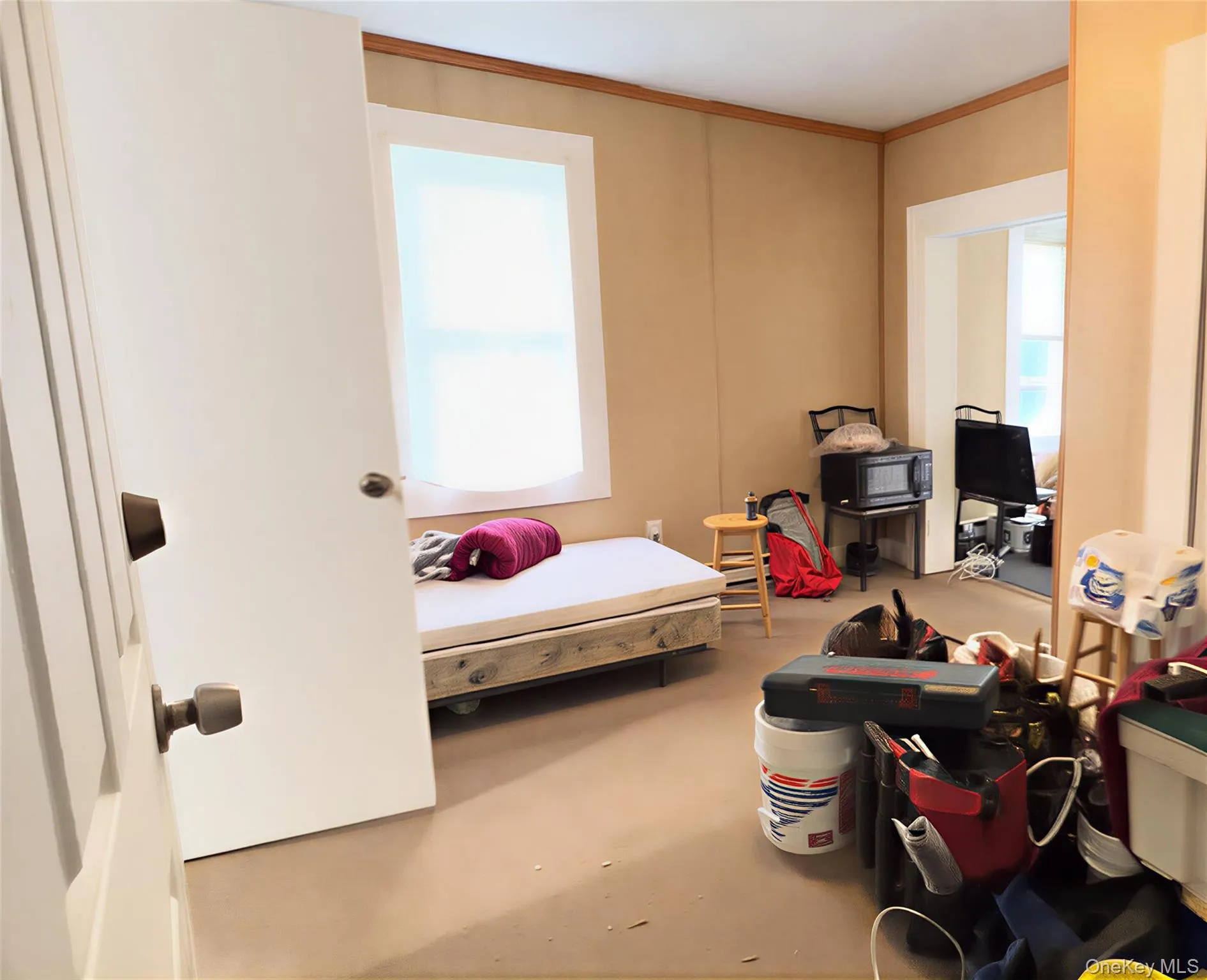 Bedroom featuring crown molding and finished concrete floors Bedroom featuring crown molding and finished concrete floors