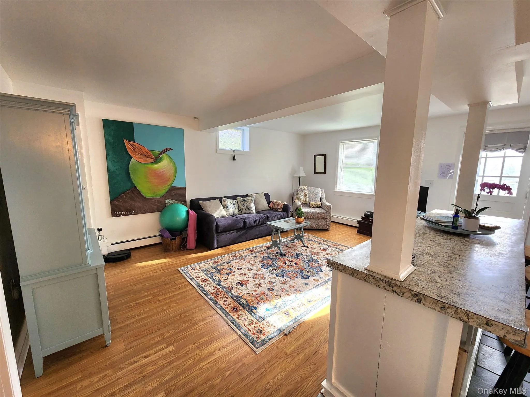 Living area featuring light wood finished floors, healthy amount of natural light, and a baseboard radiator Living area featuring light wood finished floors, healthy amount of natural light, and a baseboard radiator