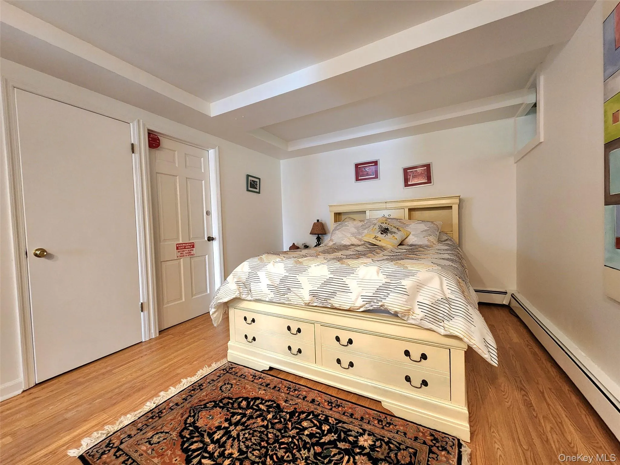Bedroom with a baseboard radiator, light wood finished floors, and a tray ceiling Bedroom with a baseboard radiator, light wood finished floors, and a tray ceiling