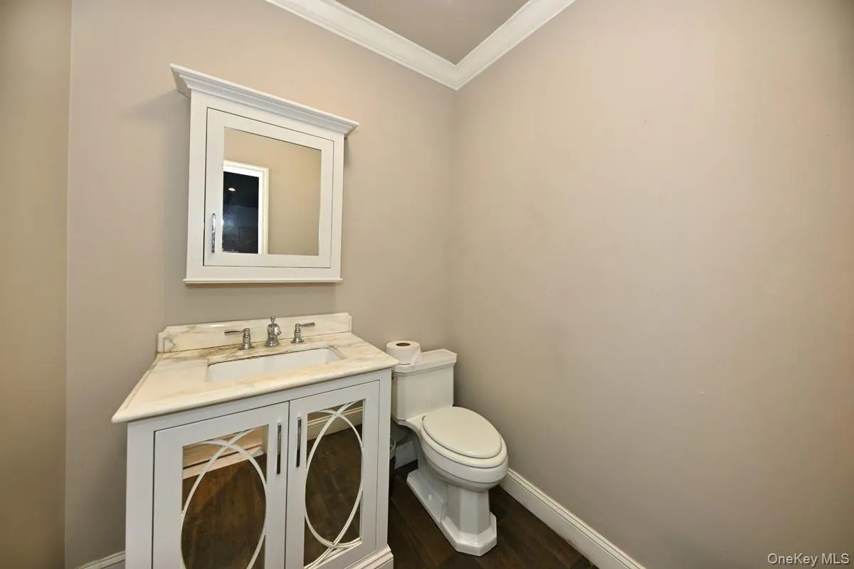 Bathroom featuring crown molding, vanity, and dark wood-style flooring Bathroom featuring crown molding, vanity, and dark wood-style flooring