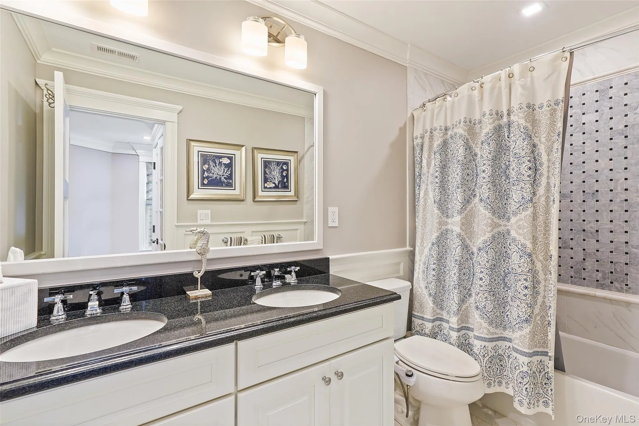 Full bathroom with shower / bath combo, double vanity, and ornamental molding Full bathroom with shower / bath combo, double vanity, and ornamental molding