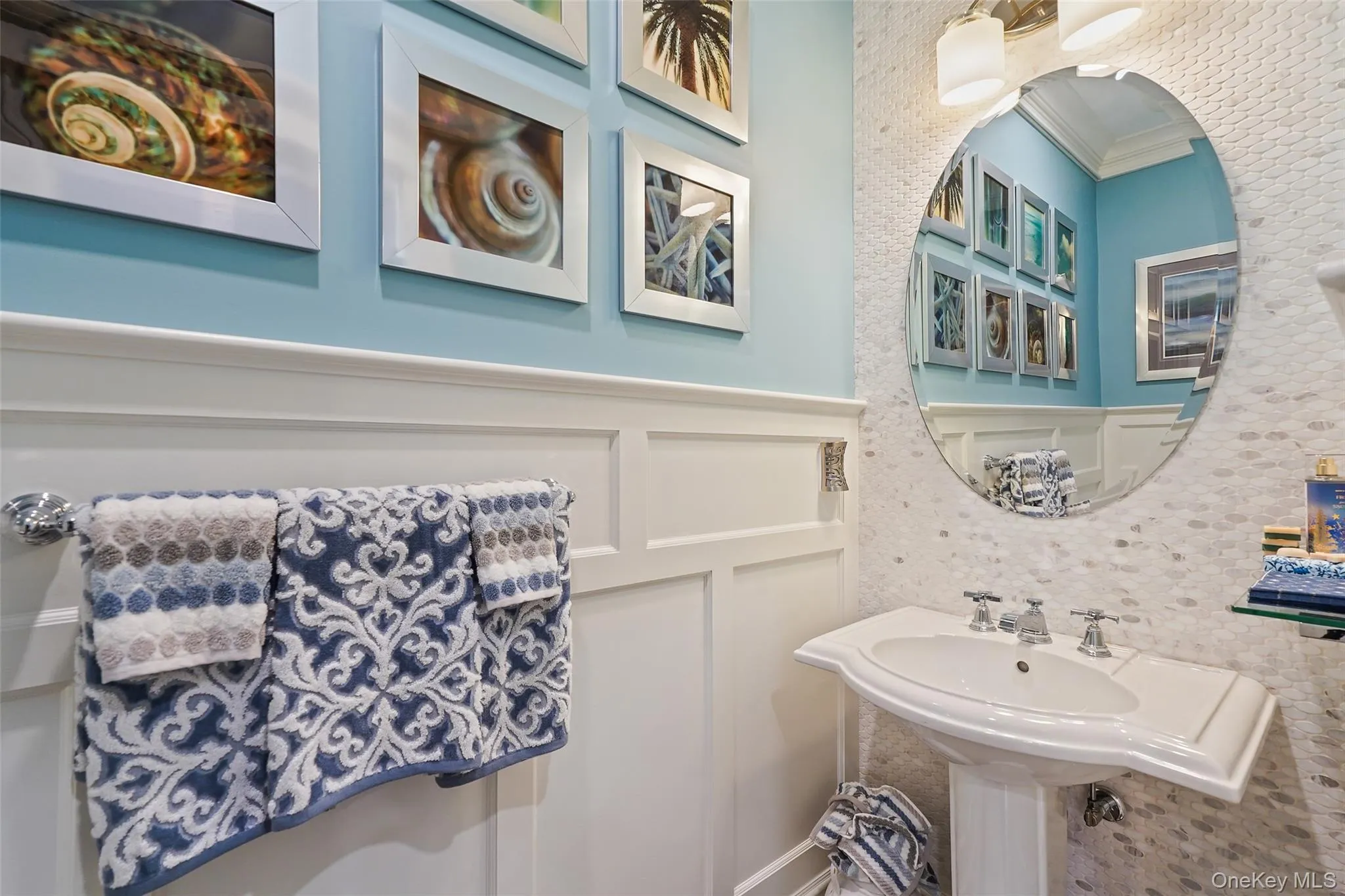 Bathroom with ornamental molding and wainscoting Bathroom with ornamental molding and wainscoting