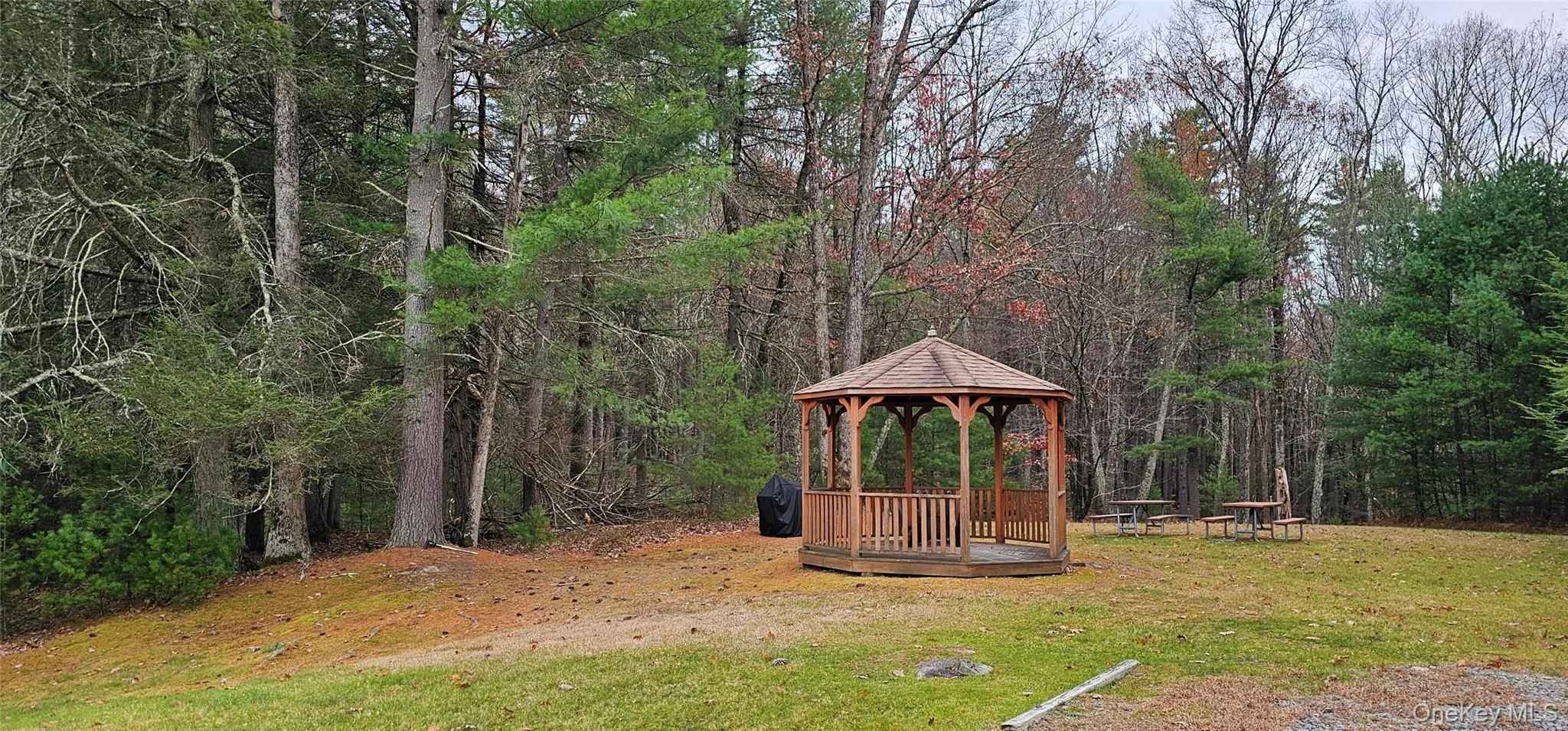 View of grassy yard with a gazebo, a deck, and a forest view View of grassy yard with a gazebo, a deck, and a forest view