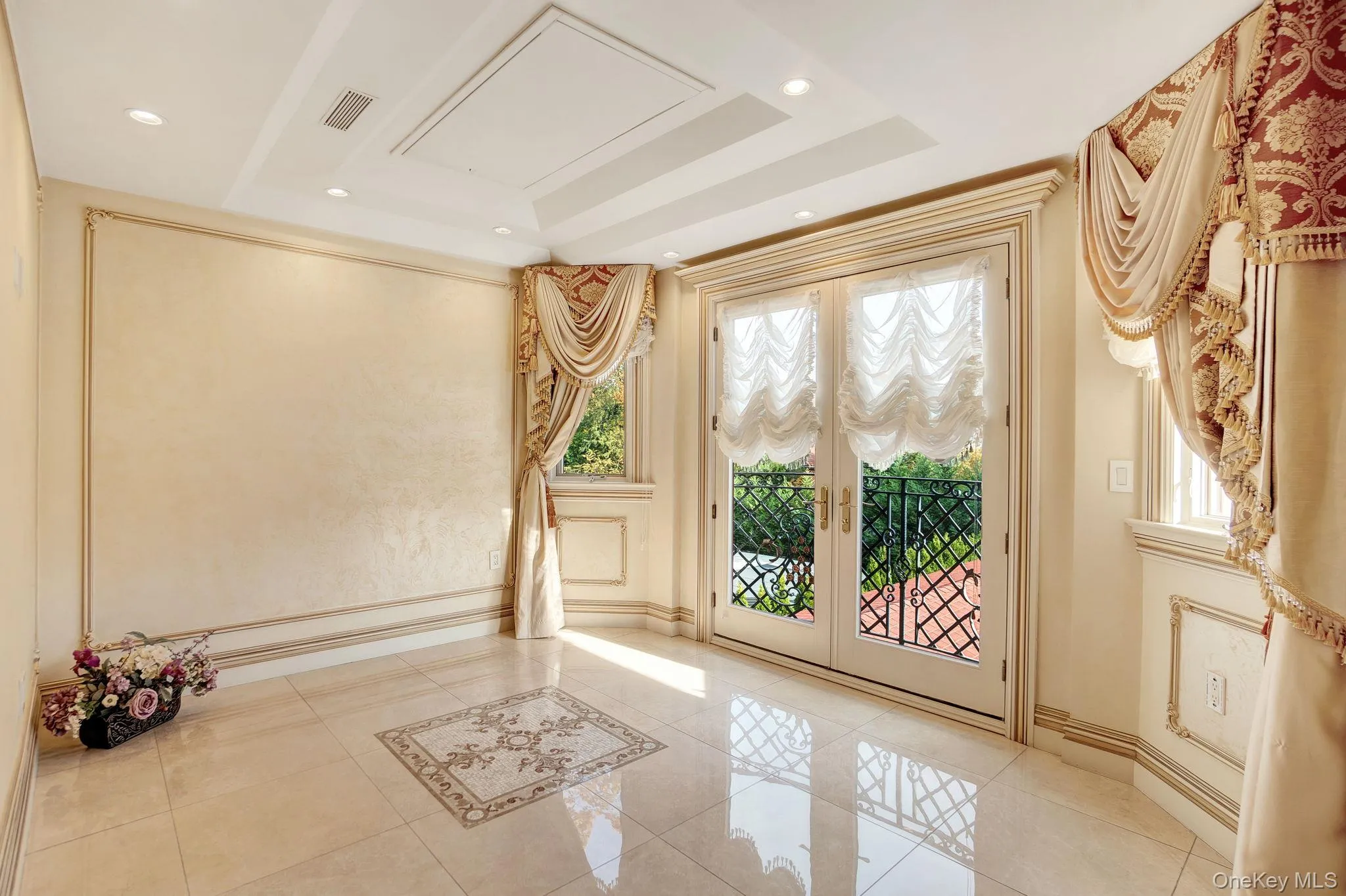 Doorway to outside featuring french doors, tile patterned floors, and recessed lighting Doorway to outside featuring french doors, tile patterned floors, and recessed lighting