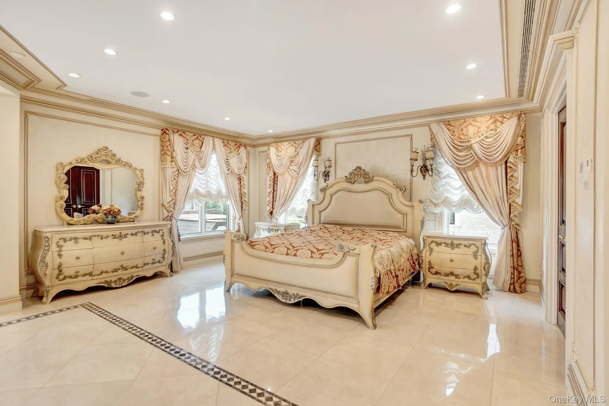 Bedroom featuring ornamental molding, tile patterned flooring, and recessed lighting Bedroom featuring ornamental molding, tile patterned flooring, and recessed lighting