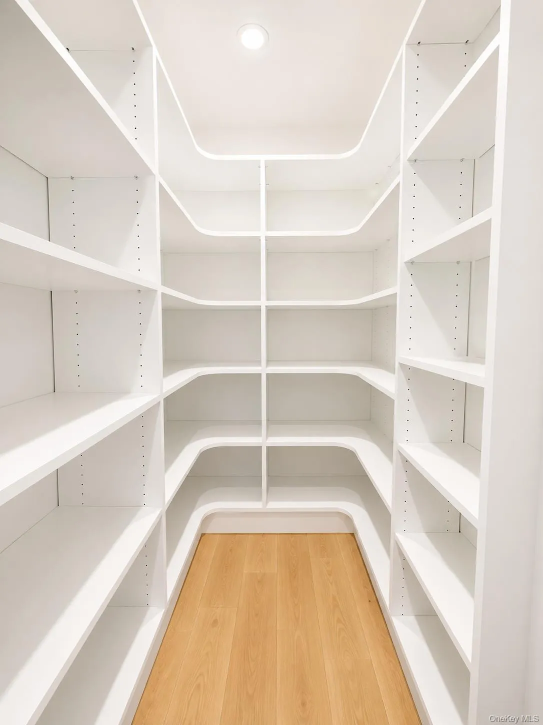 Walk-in pantry featuring extensive white shelving, recessed lighting, and wood-finish flooring Walk-in pantry featuring extensive white shelving, recessed lighting, and wood-finish flooring