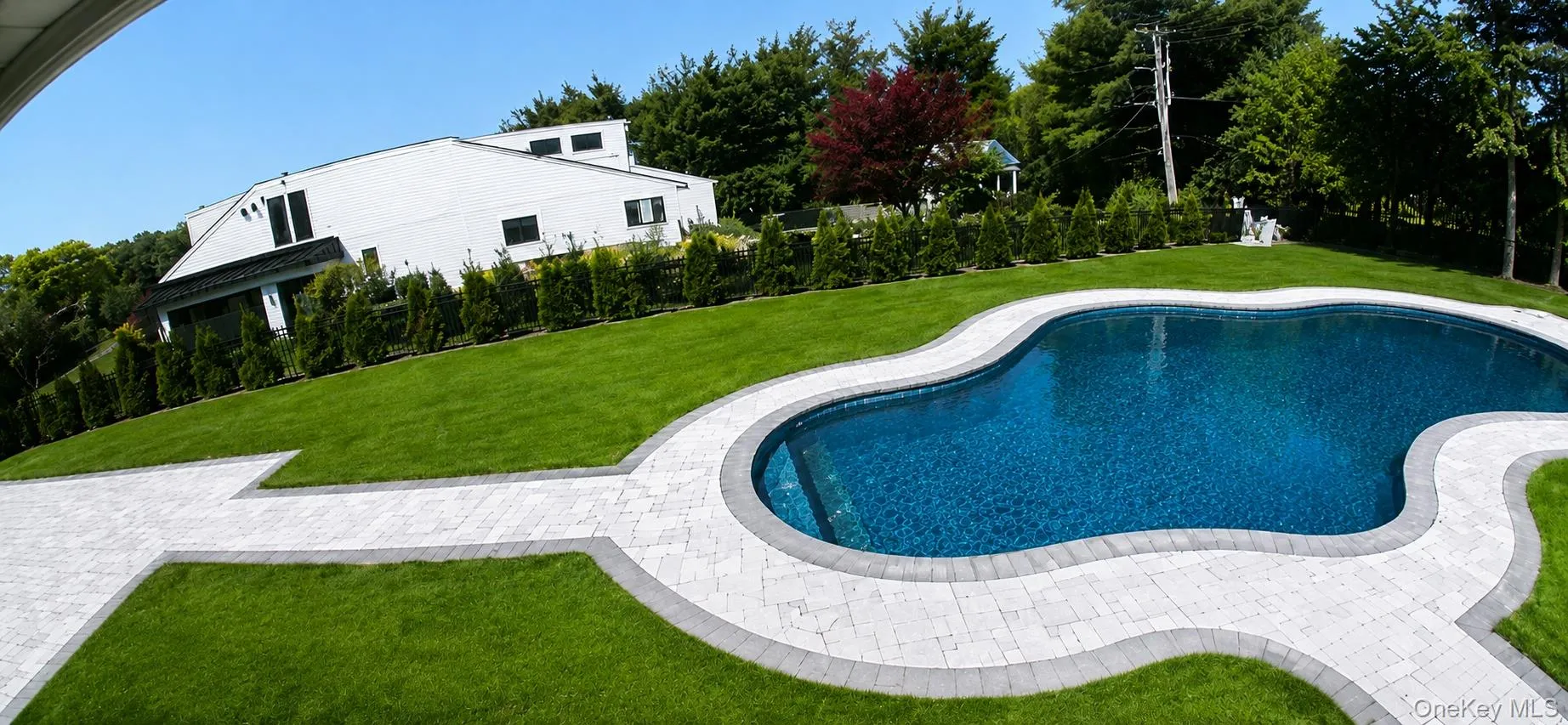 Freeform swimming pool with dark finish, bordered by light-toned pavers with a contrasting edge Freeform swimming pool with dark finish, bordered by light-toned pavers with a contrasting edge