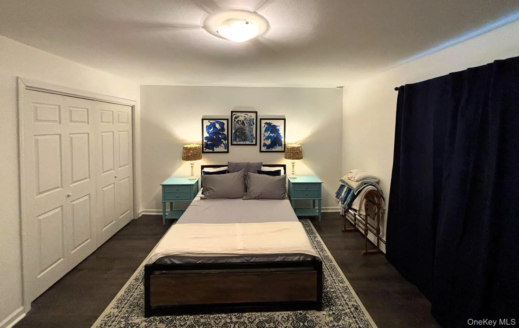 Bedroom with dark wood-style flooring, a closet, and a baseboard radiator Bedroom with dark wood-style flooring, a closet, and a baseboard radiator