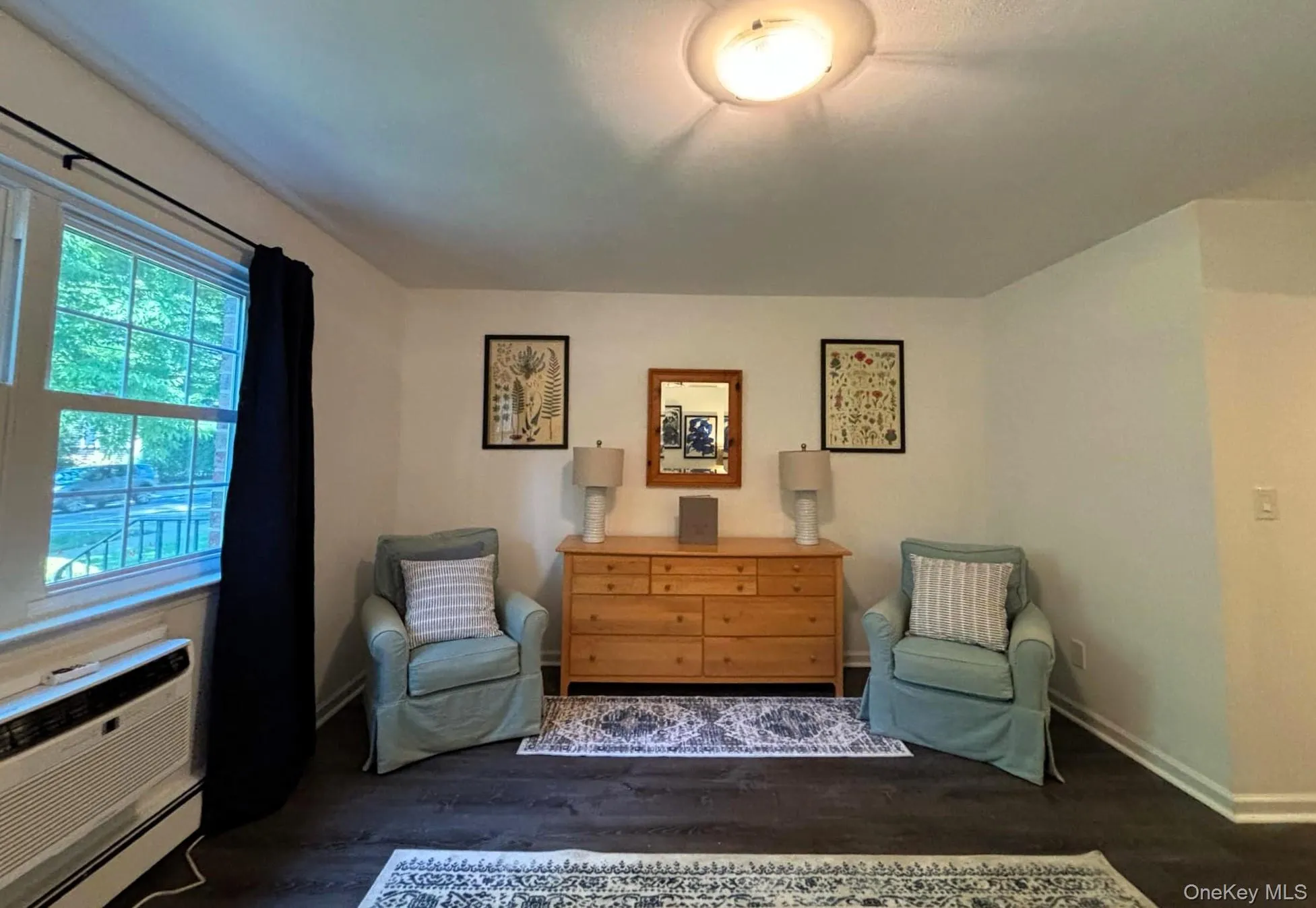 Living area with dark wood-type flooring, an AC wall unit, and baseboard heating Living area with dark wood-type flooring, an AC wall unit, and baseboard heating