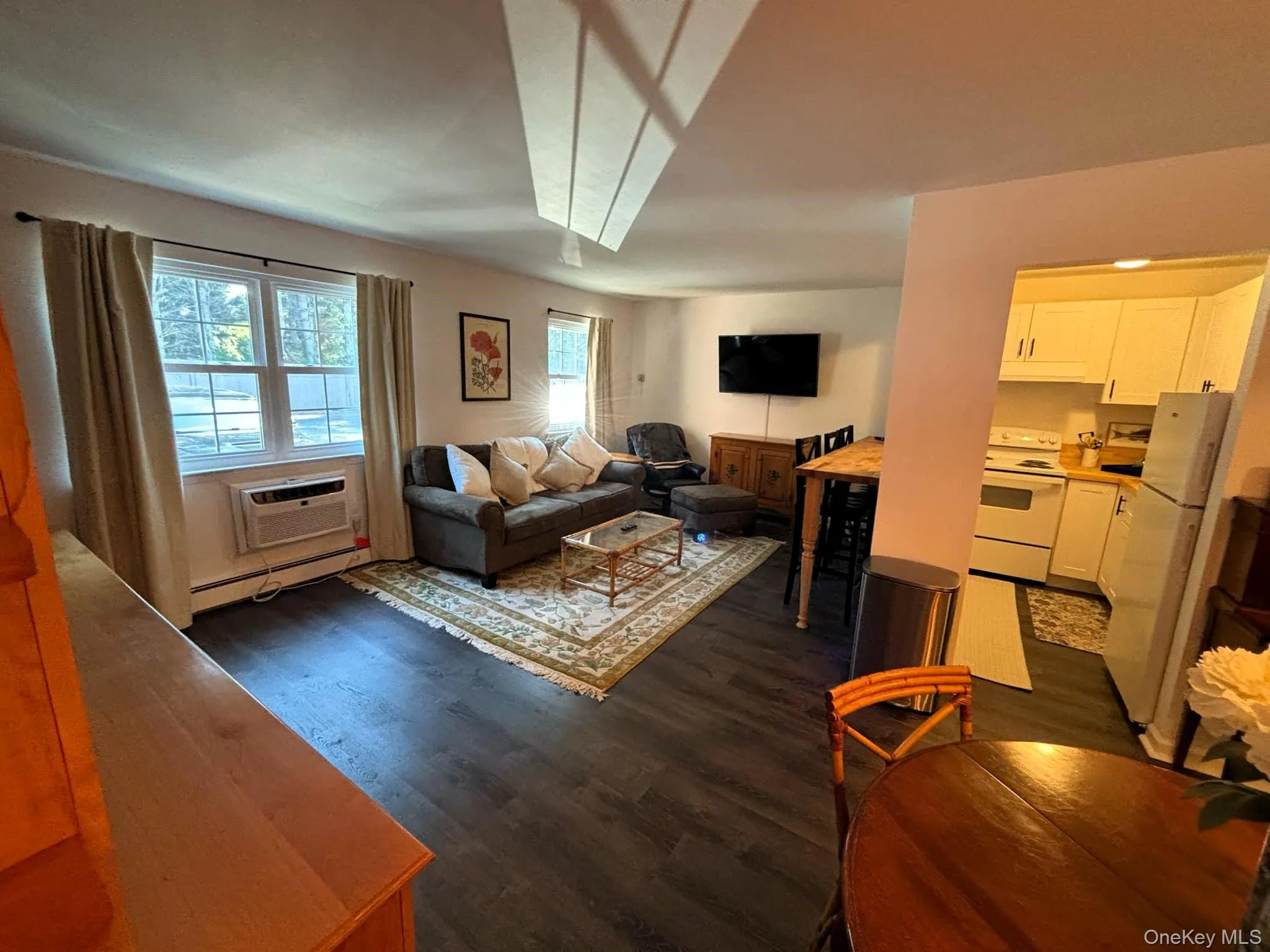 Living room featuring dark wood-style floors, a baseboard radiator, and a wall mounted AC Living room featuring dark wood-style floors, a baseboard radiator, and a wall mounted AC