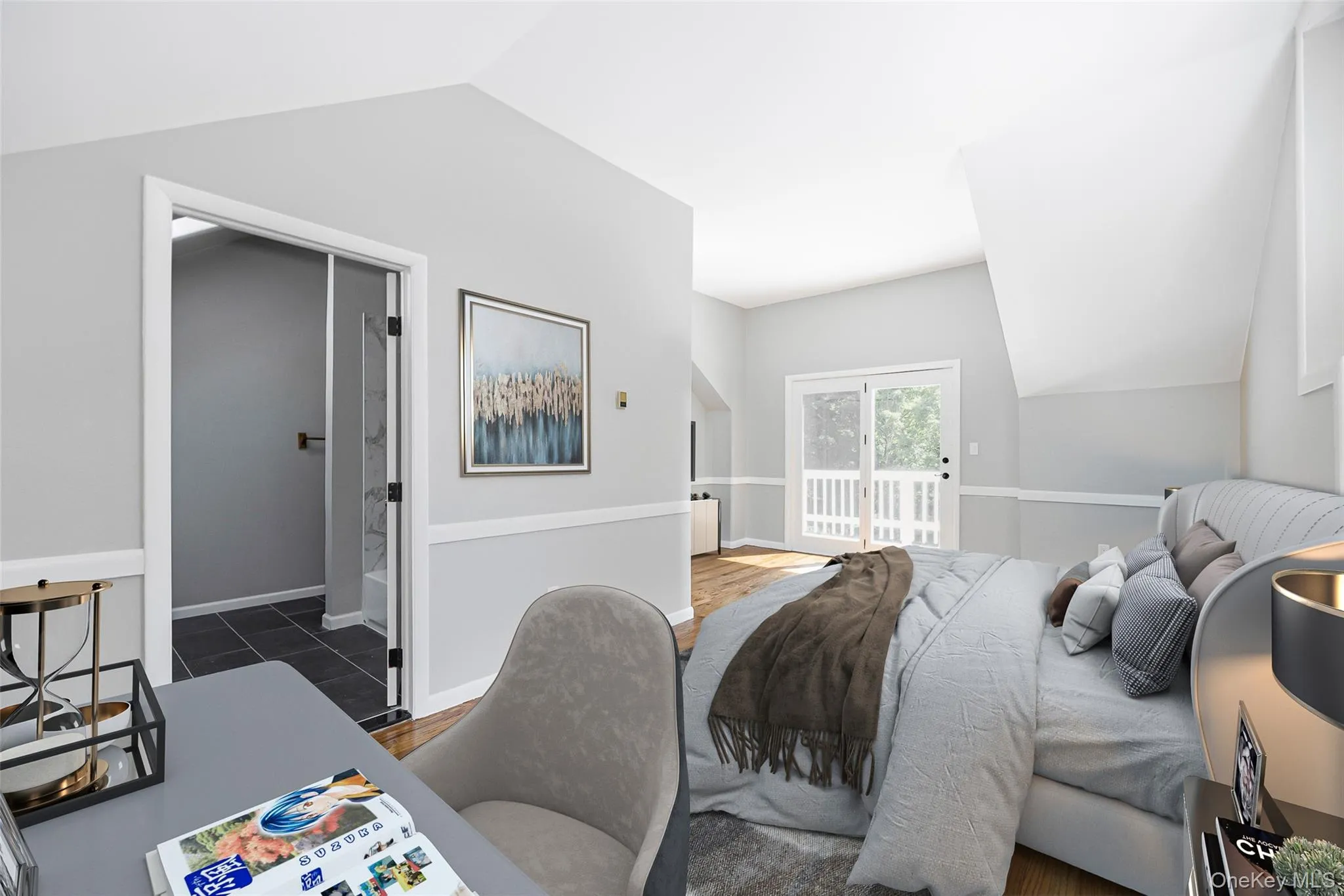 Bedroom with vaulted ceiling, access to outside, and dark tile patterned flooring Bedroom with vaulted ceiling, access to outside, and dark tile patterned flooring