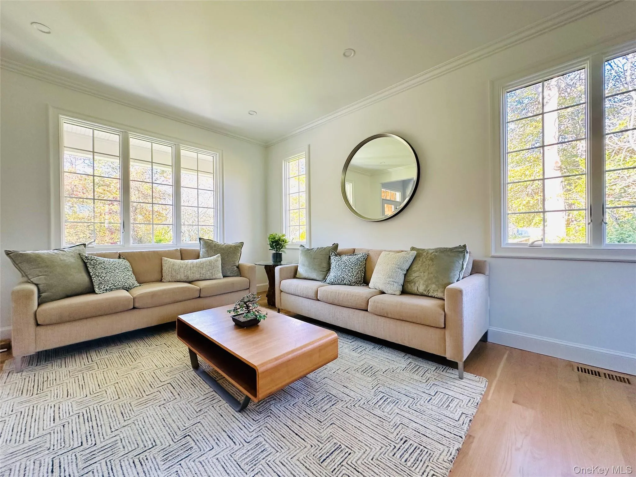 Living area featuring ornamental molding and light wood-type flooring Living area featuring ornamental molding and light wood-type flooring