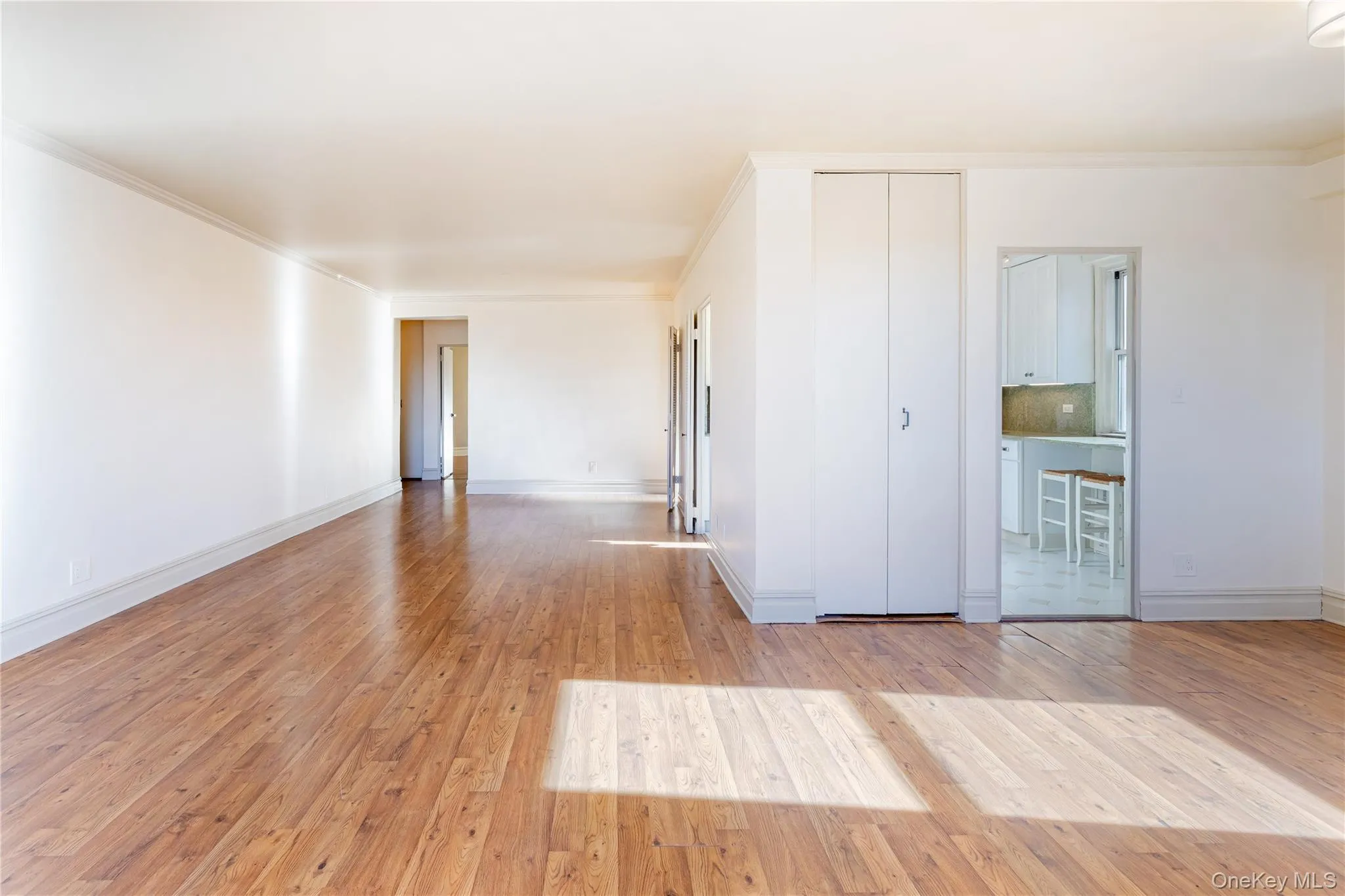 Empty room with light wood finished floors and crown molding Empty room with light wood finished floors and crown molding
