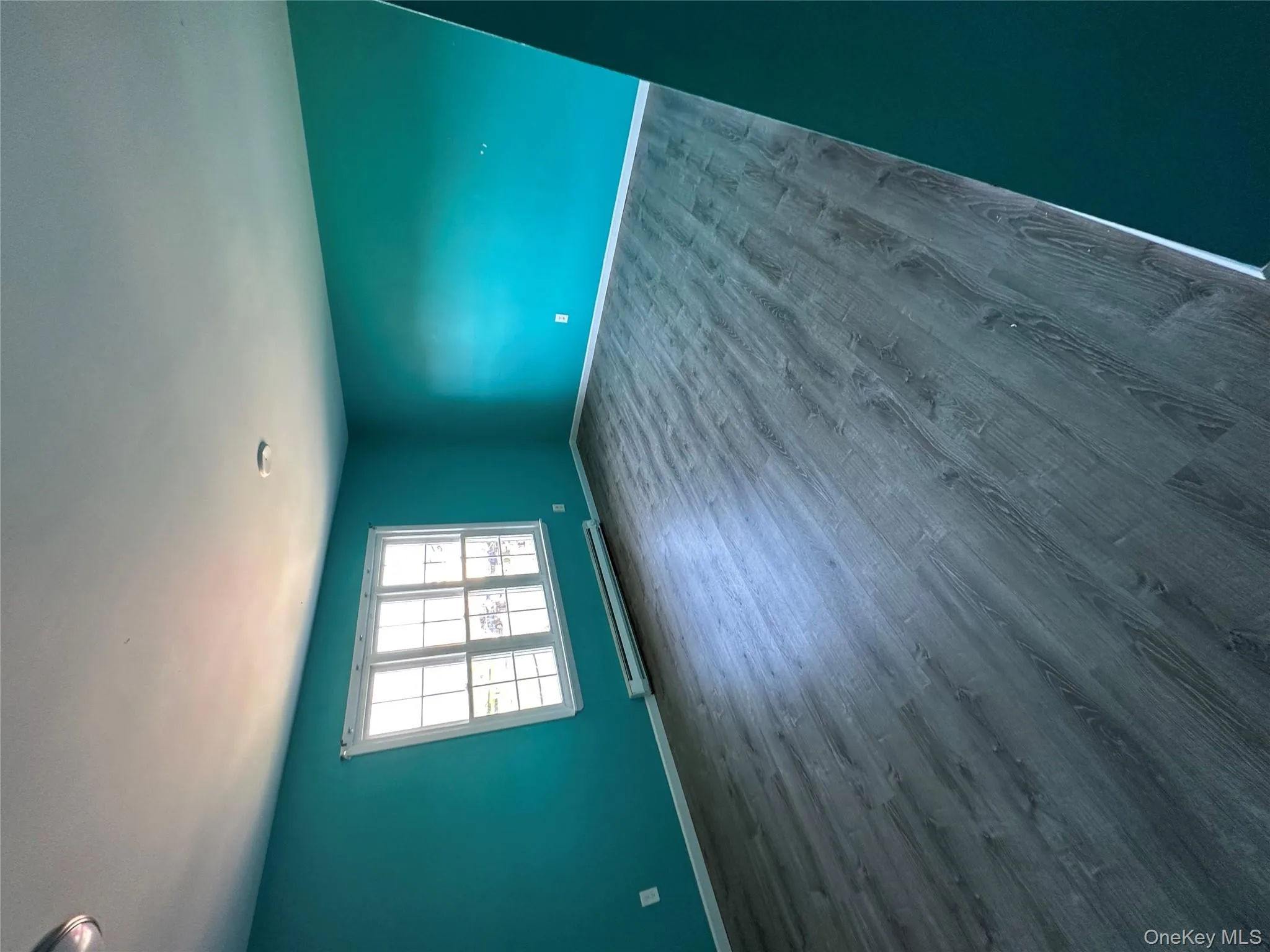 Empty room with dark wood-type flooring and a baseboard heating unit Empty room with dark wood-type flooring and a baseboard heating unit
