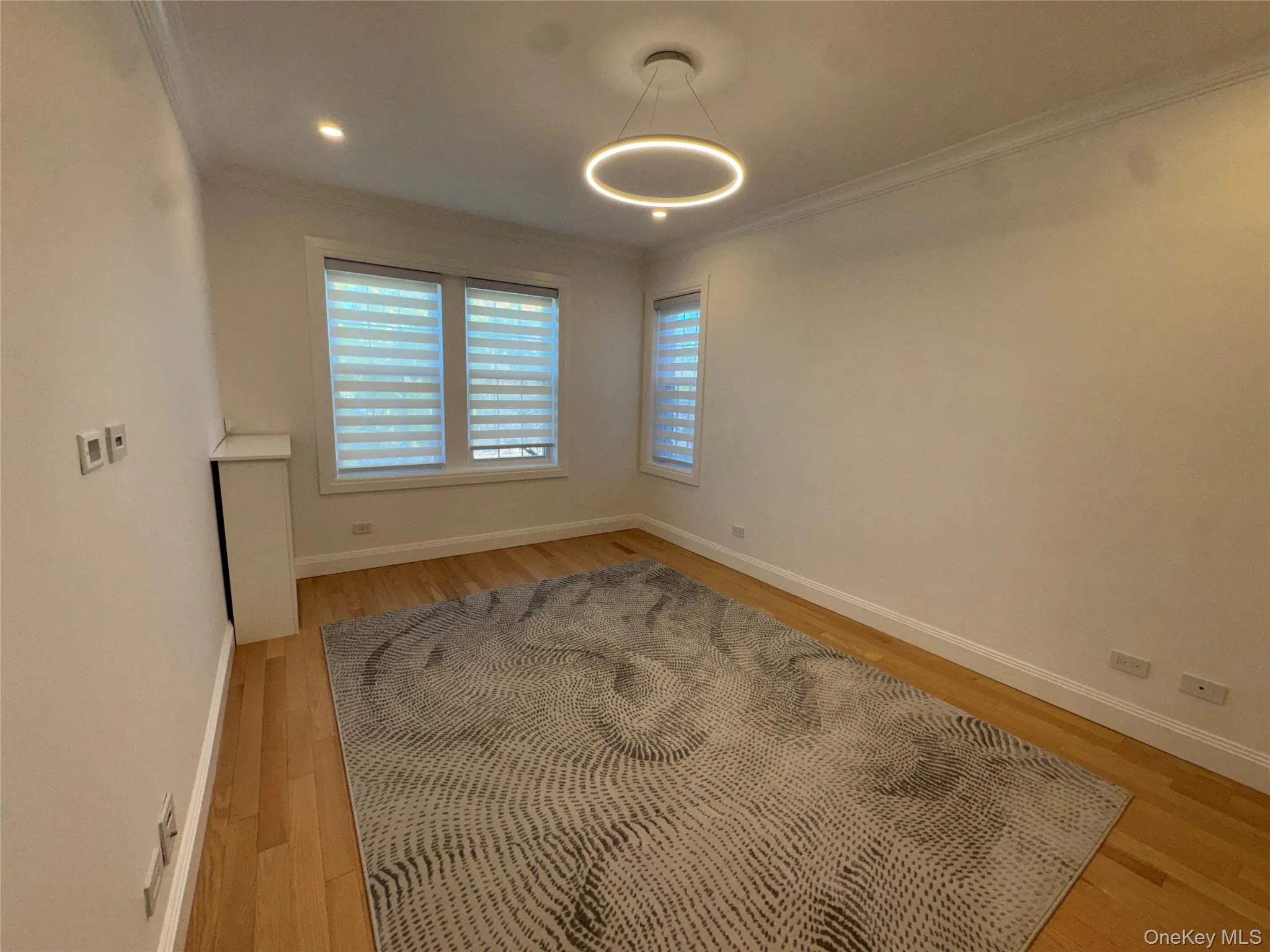 Unfurnished room with ornamental molding, light wood-type flooring, and recessed lighting Unfurnished room with ornamental molding, light wood-type flooring, and recessed lighting