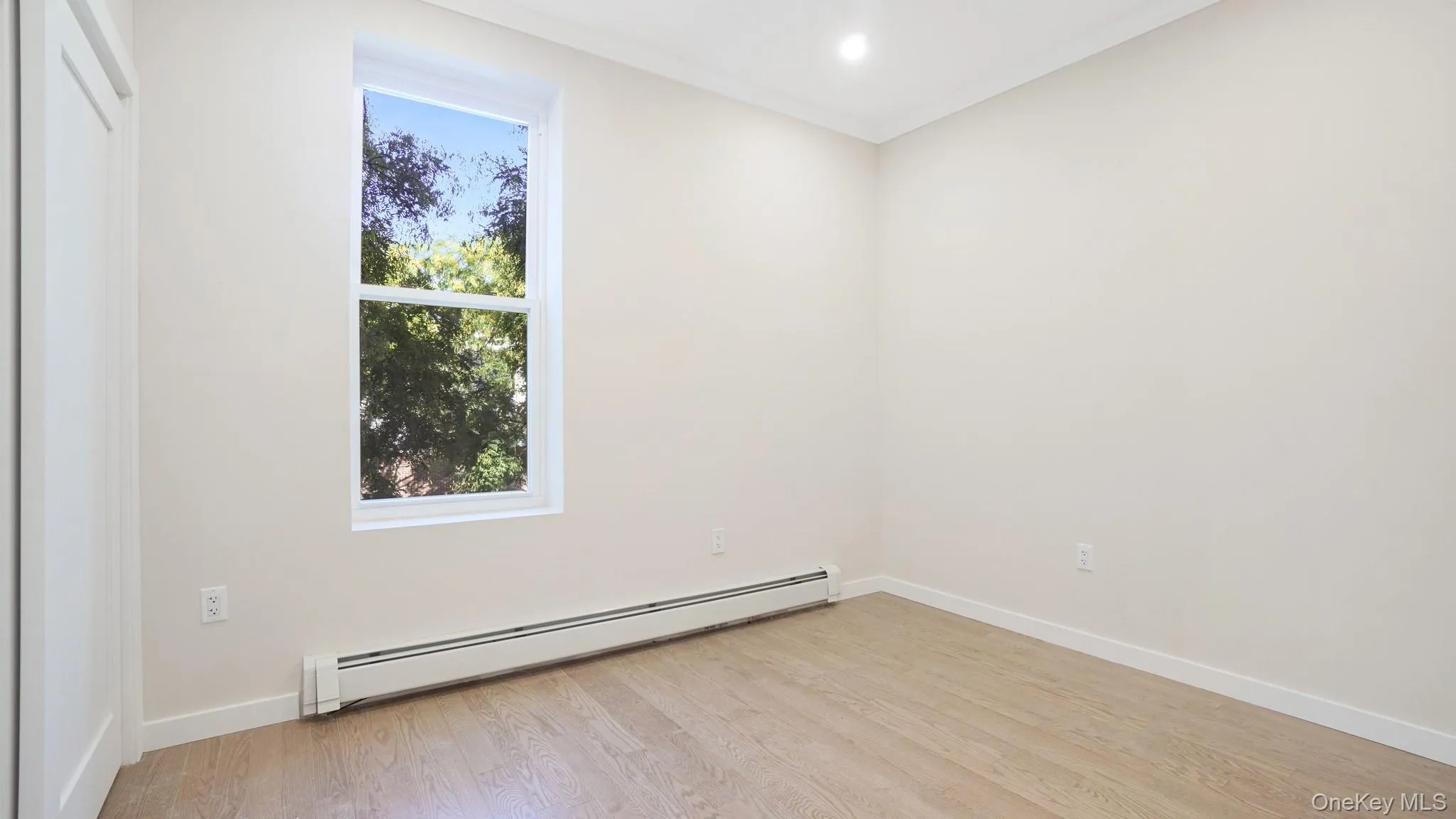 Unfurnished room with a baseboard radiator, light wood-style flooring, and ornamental molding Unfurnished room with a baseboard radiator, light wood-style flooring, and ornamental molding