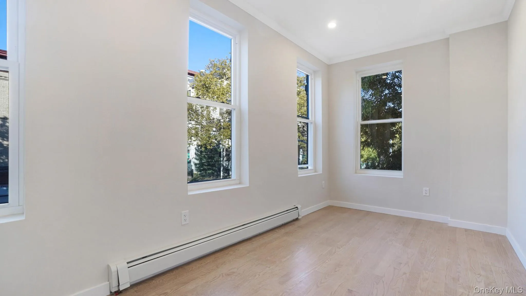 Spare room featuring baseboard heating, light wood-style flooring, and crown molding Spare room featuring baseboard heating, light wood-style flooring, and crown molding