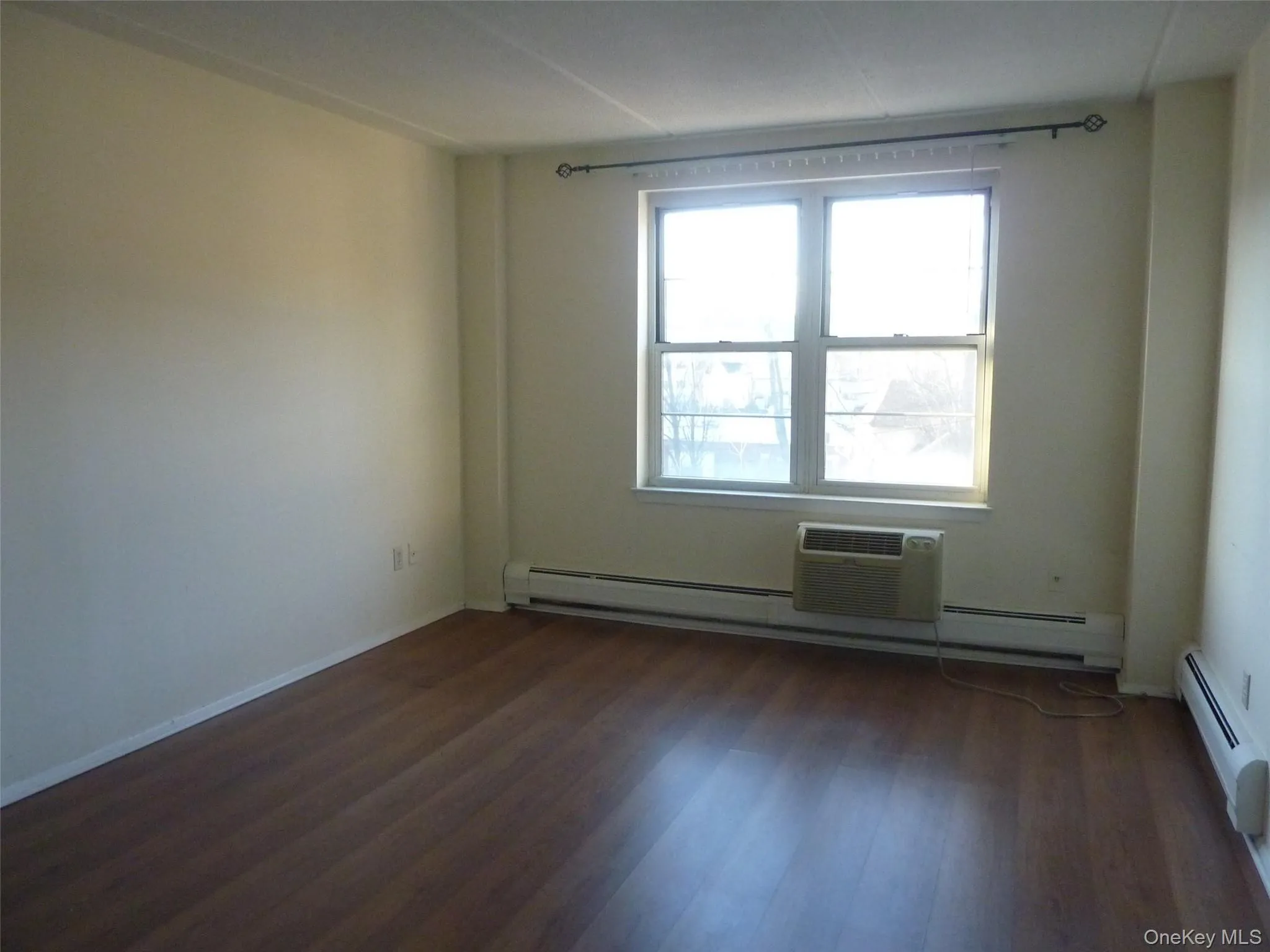 Spare room with a baseboard radiator, a baseboard heating unit, dark wood-style floors, and a wall mounted AC Spare room with a baseboard radiator, a baseboard heating unit, dark wood-style floors, and a wall mounted AC