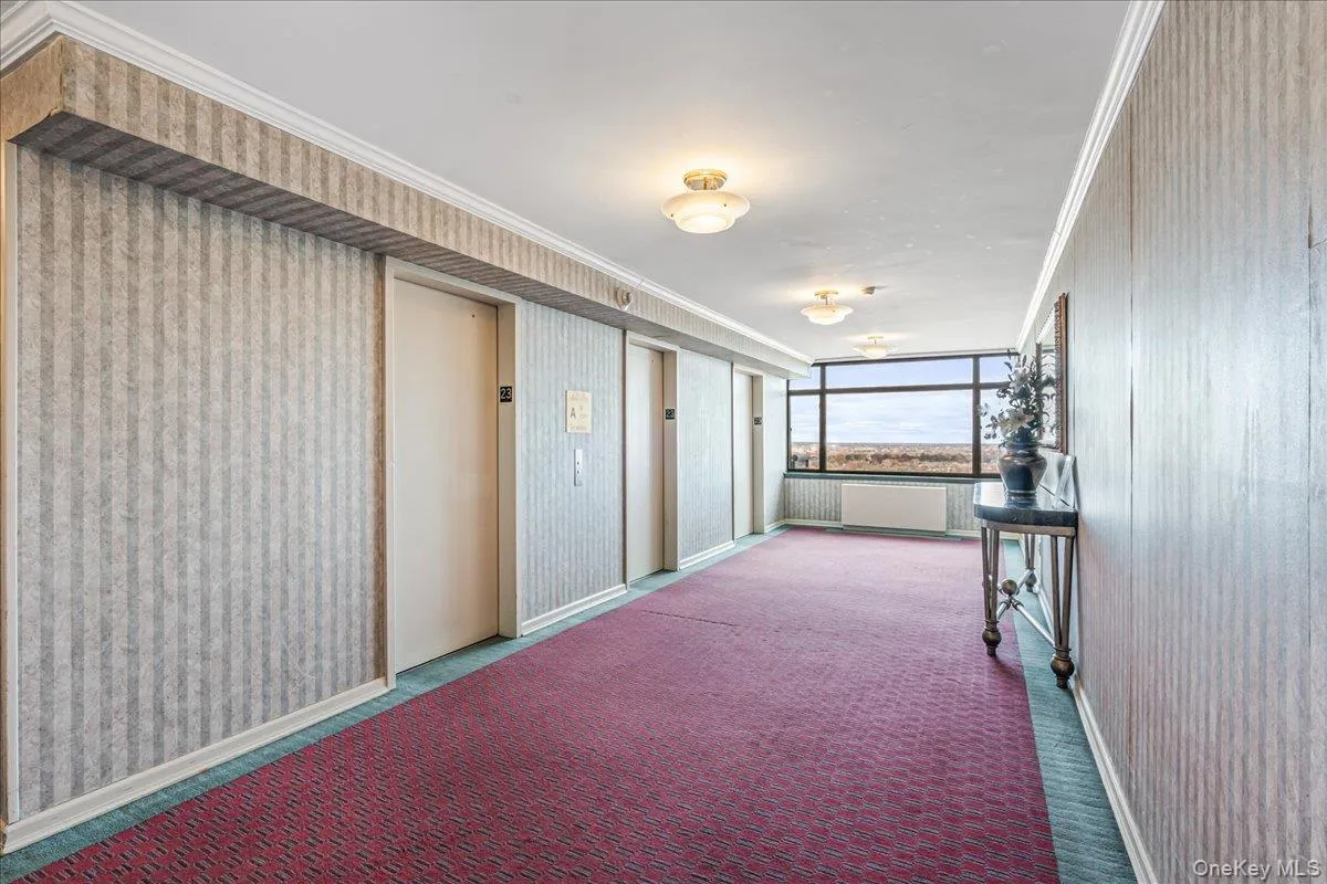 Hall featuring crown molding, carpet floors, and elevator Hall featuring crown molding, carpet floors, and elevator