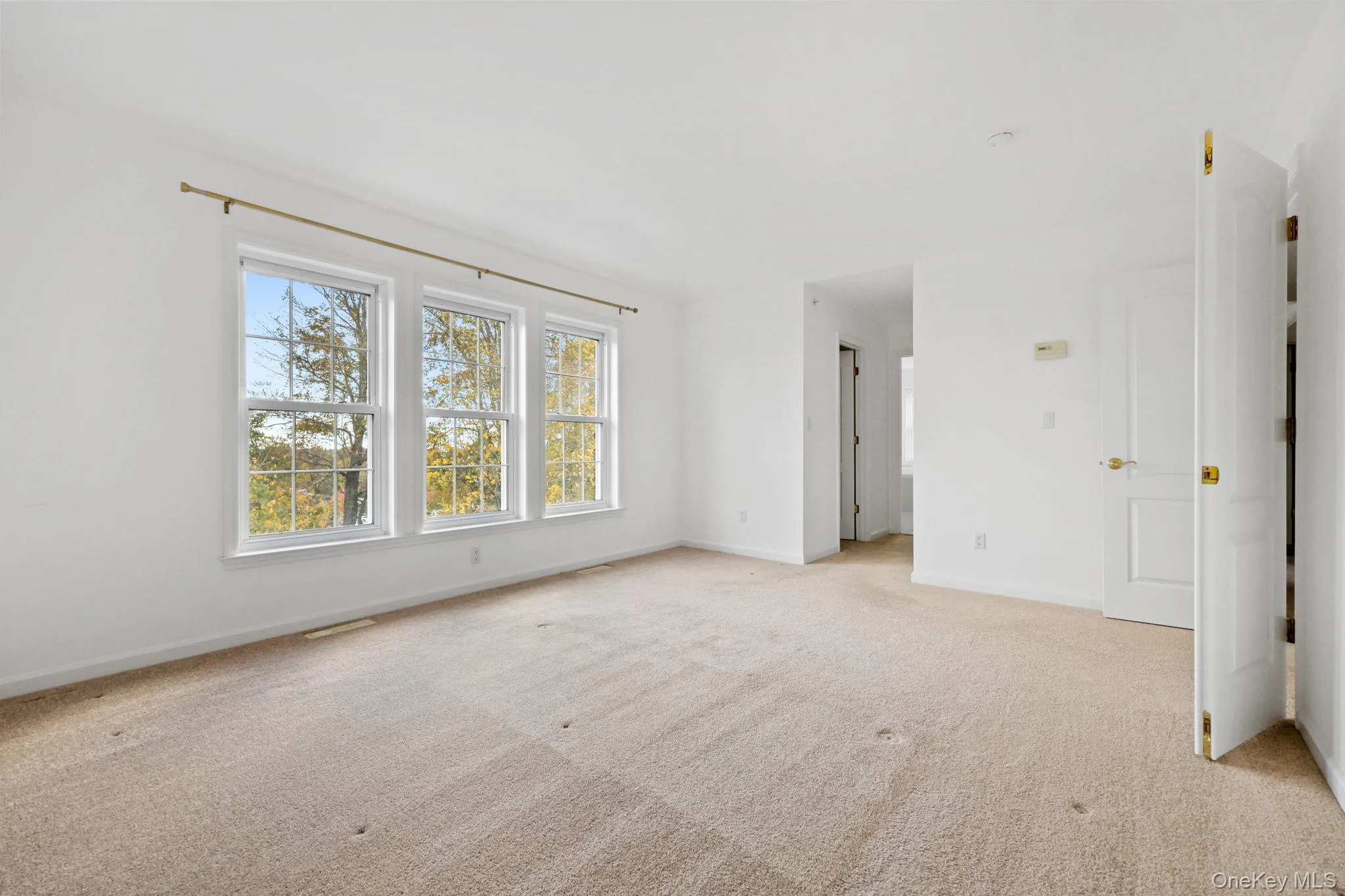 Empty room with light colored carpet and baseboards Empty room with light colored carpet and baseboards
