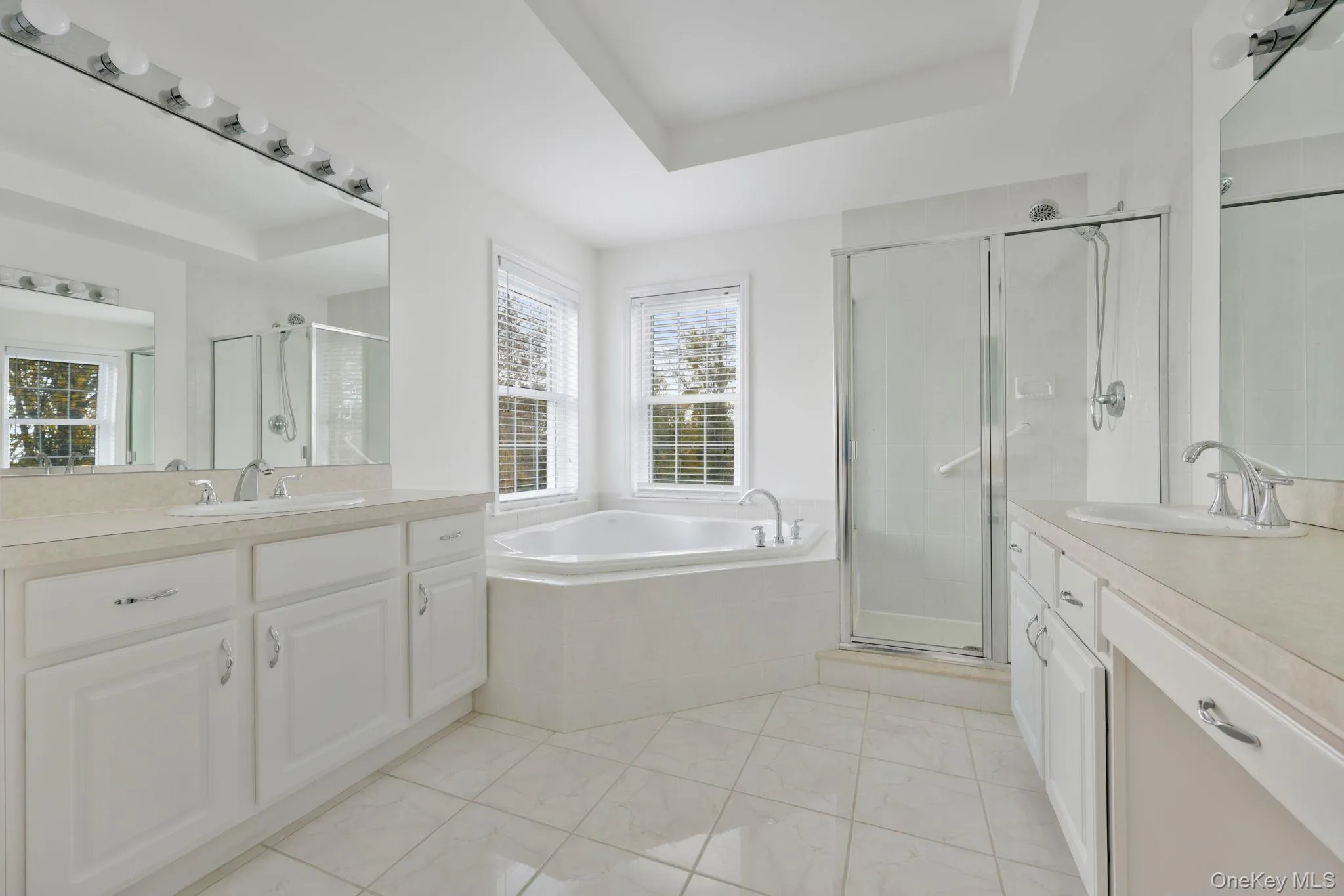 Full bath featuring two vanities, a garden tub, a stall shower, and a raised ceiling Full bath featuring two vanities, a garden tub, a stall shower, and a raised ceiling