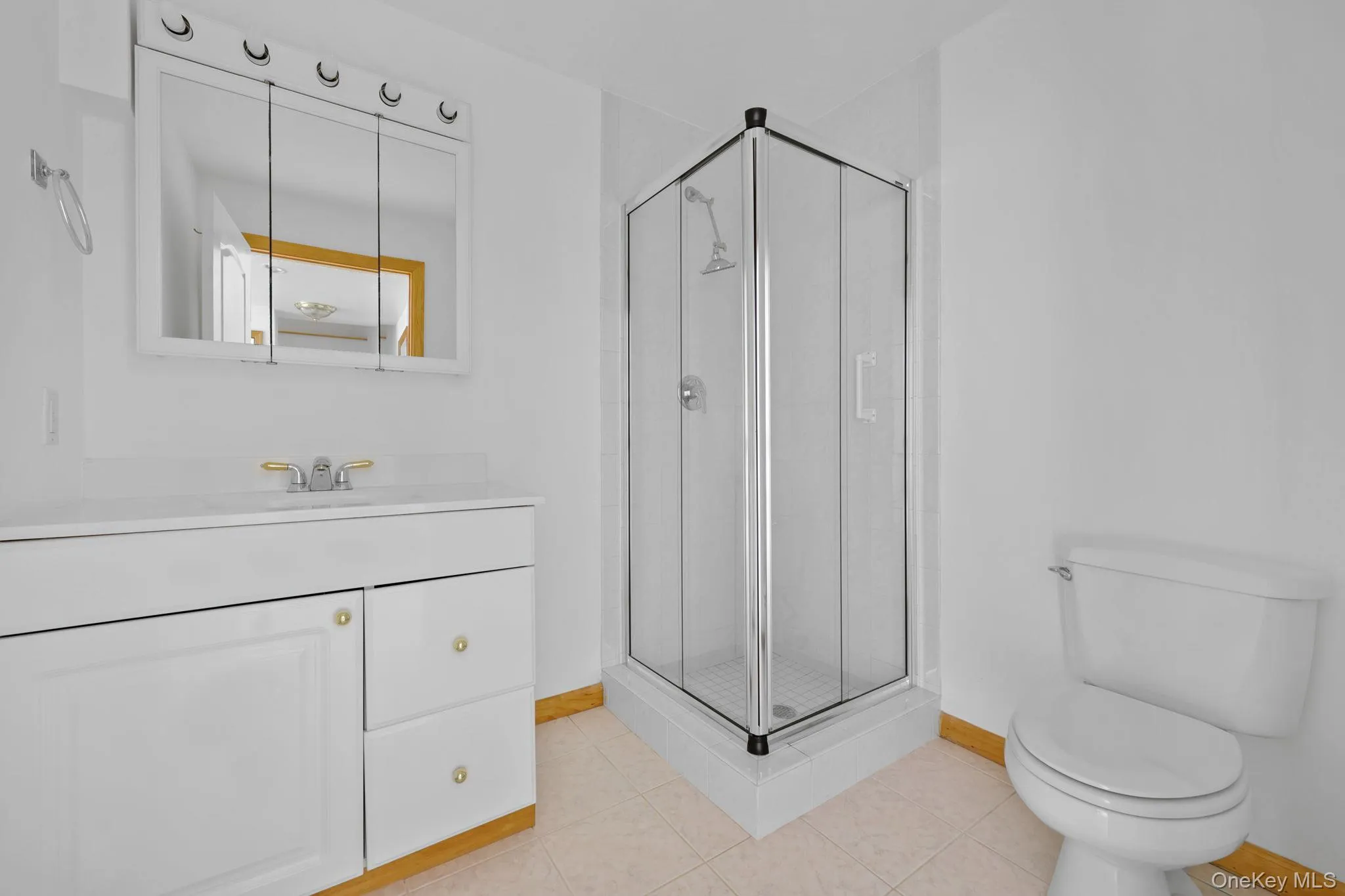 Bathroom featuring vanity, a shower stall, and light tile patterned flooring Bathroom featuring vanity, a shower stall, and light tile patterned flooring