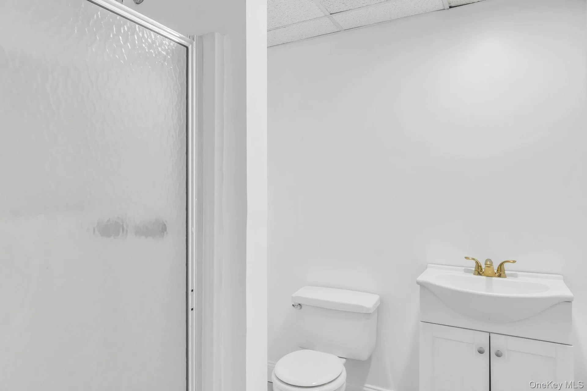 Bathroom featuring a drop ceiling, a stall shower, and vanity Bathroom featuring a drop ceiling, a stall shower, and vanity